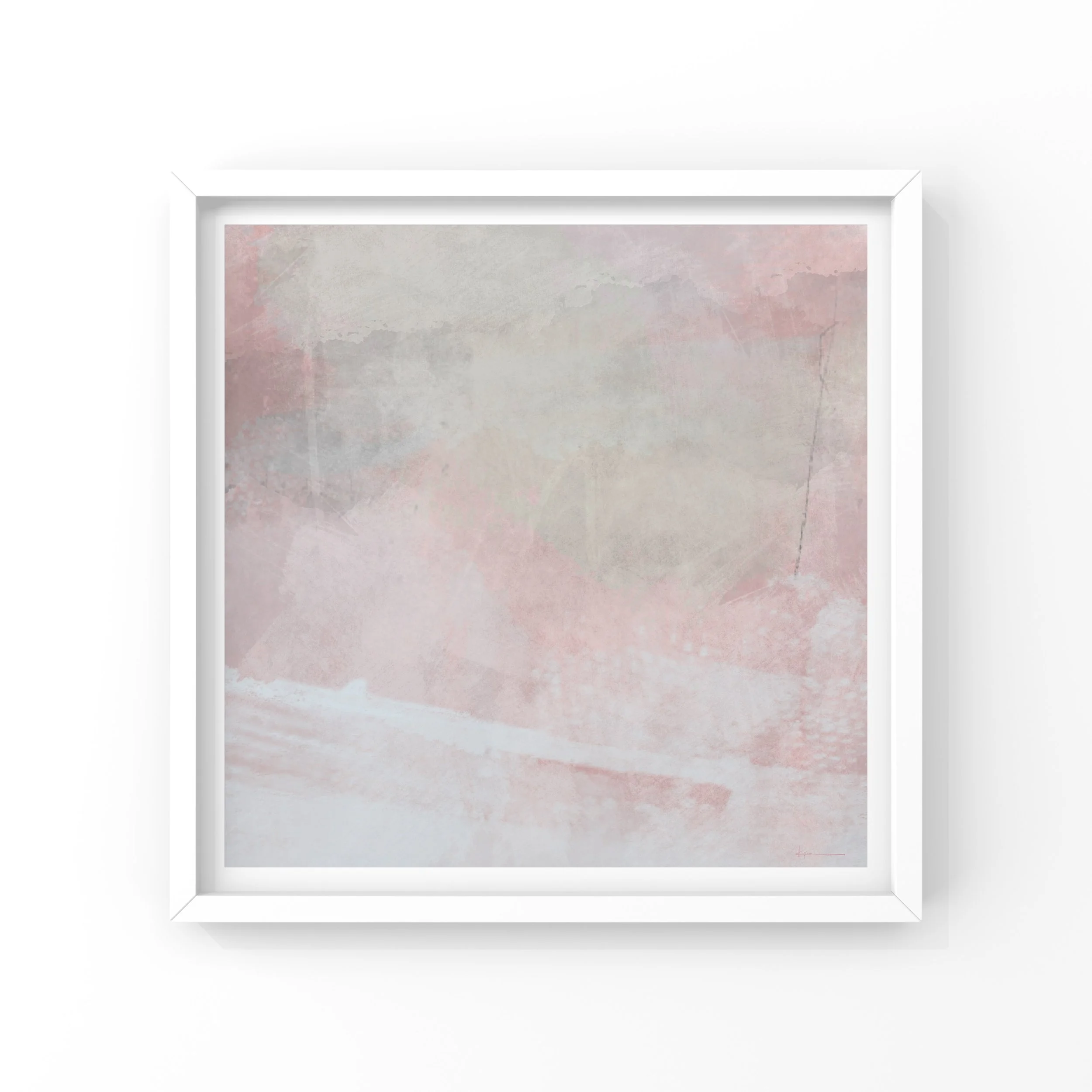 A framed abstract watercolor painting with soft pastel pink, purple, and gray hues on a white wall.