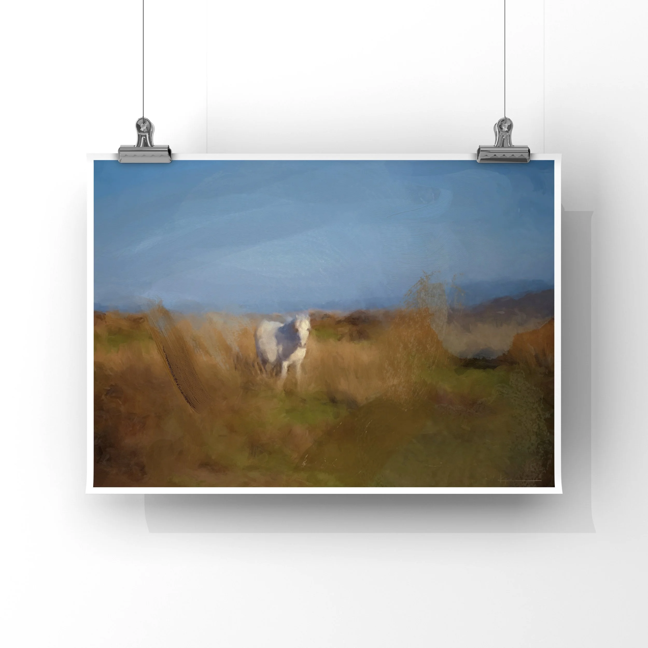 White horse in Shropshire Hills landscape art print by Kyco, framed abstract artwork