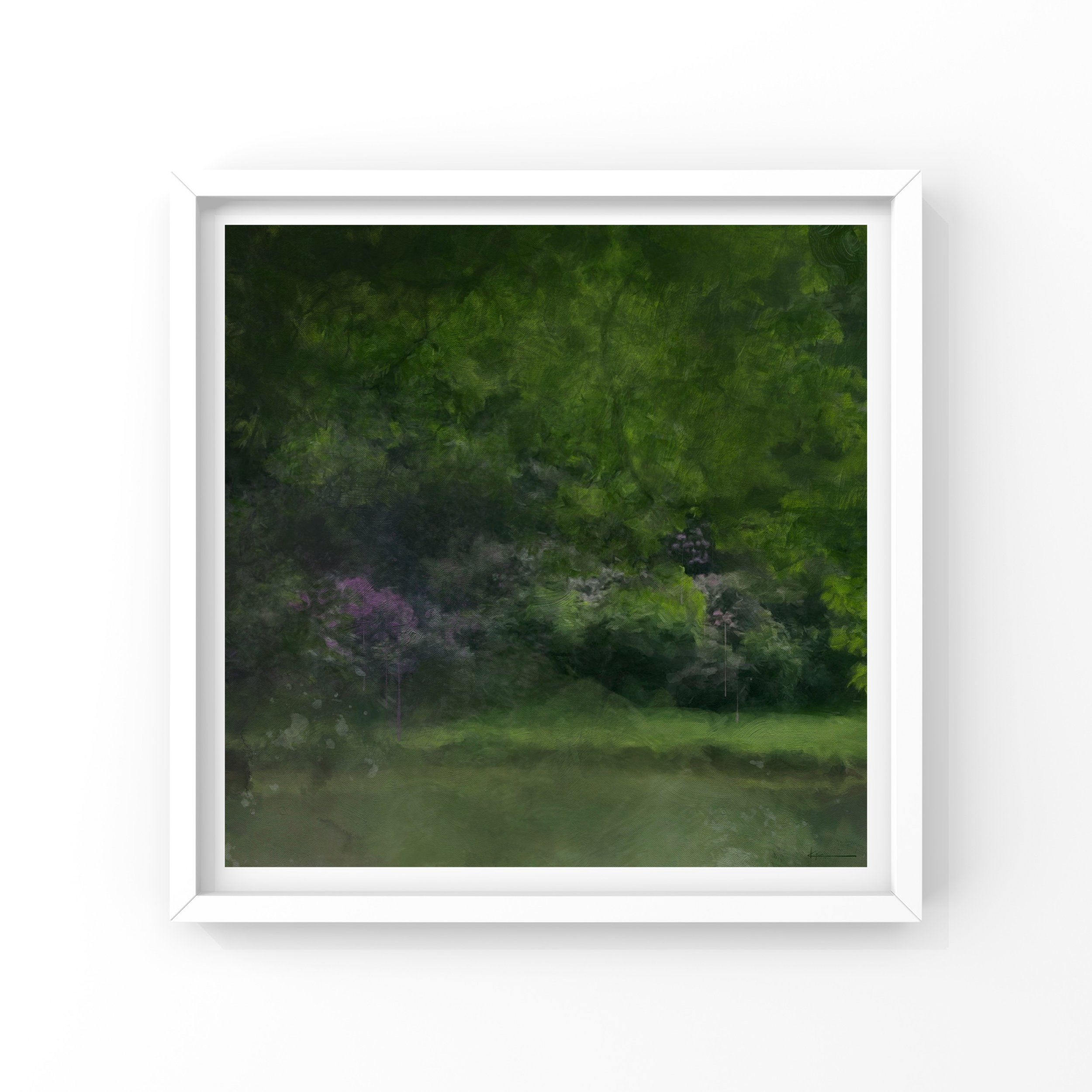 Dusken Vale abstract woodland art print with deep purple blooms and green tones, atmospheric dusk landscape artwork from KYCO’s Element Collection, carbon neutral fine art print.