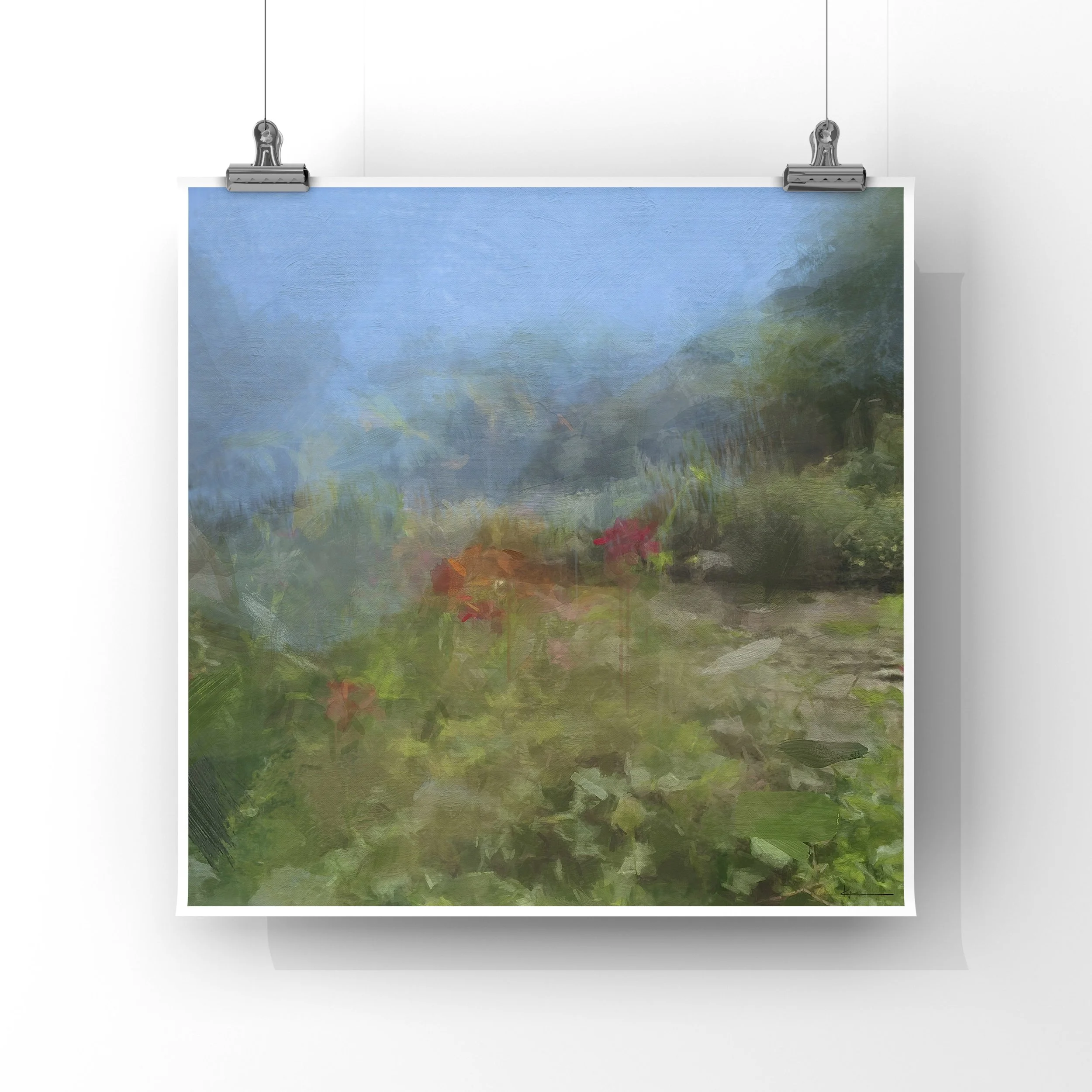 Blush of Summer abstract garden art print with crimson flowers and soft blue sky, contemporary landscape artwork from KYCO’s Element Collection, carbon neutral fine art print.
