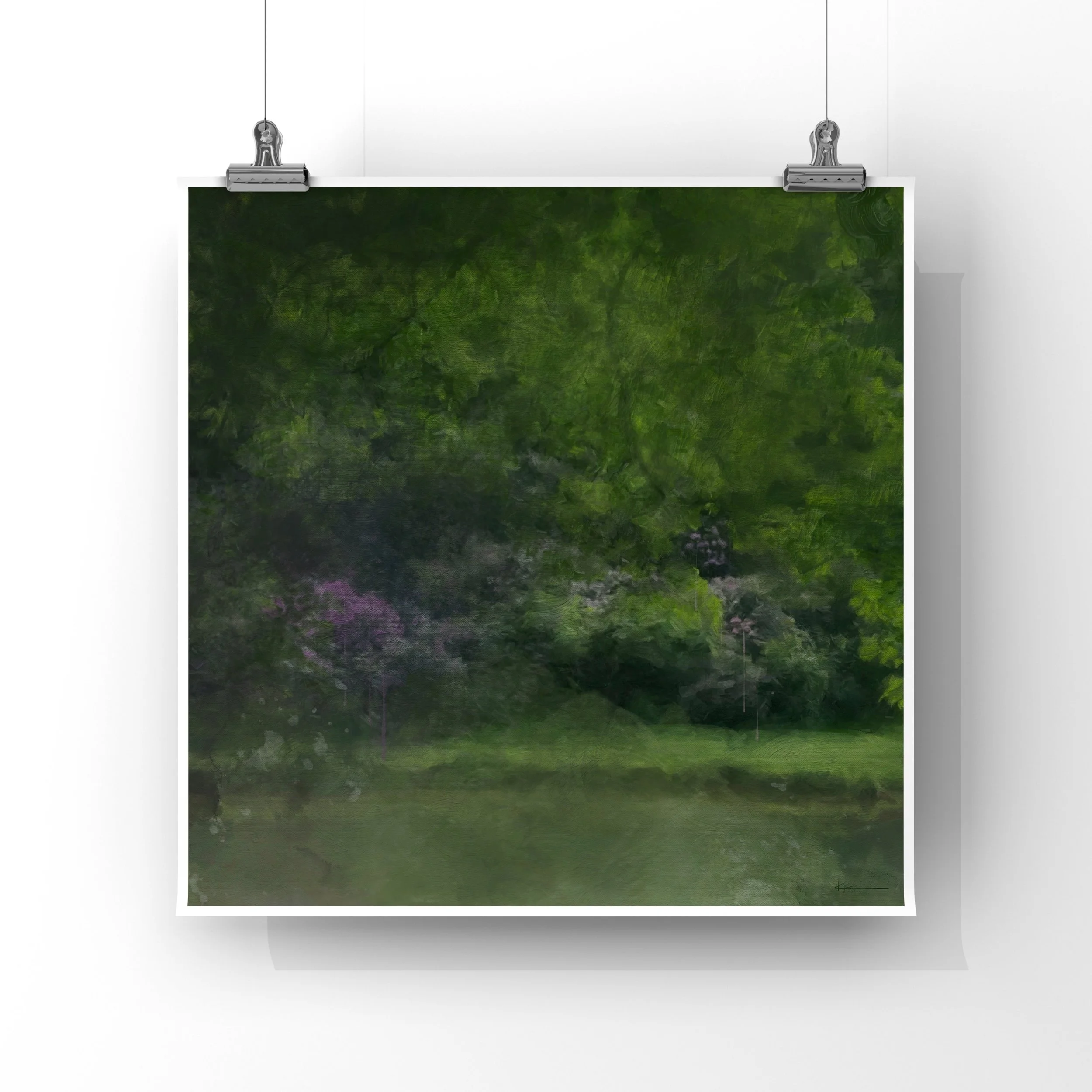 Dusken Vale abstract woodland art print with deep purple blooms and green tones, atmospheric dusk landscape artwork from KYCO’s Element Collection, carbon neutral fine art print.