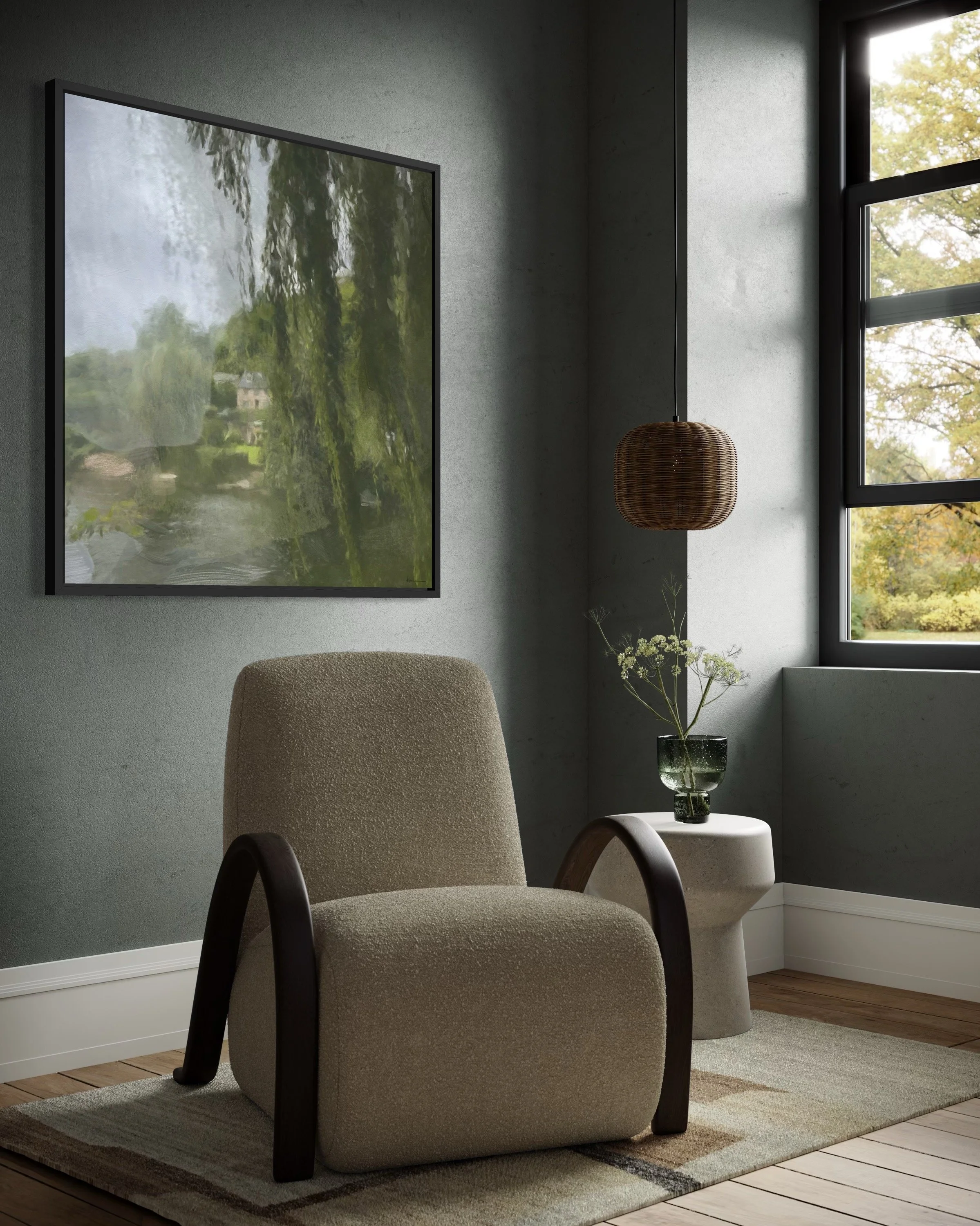 Abstract fine art print from the Element Collection styled in a modern neutral interior with natural materials