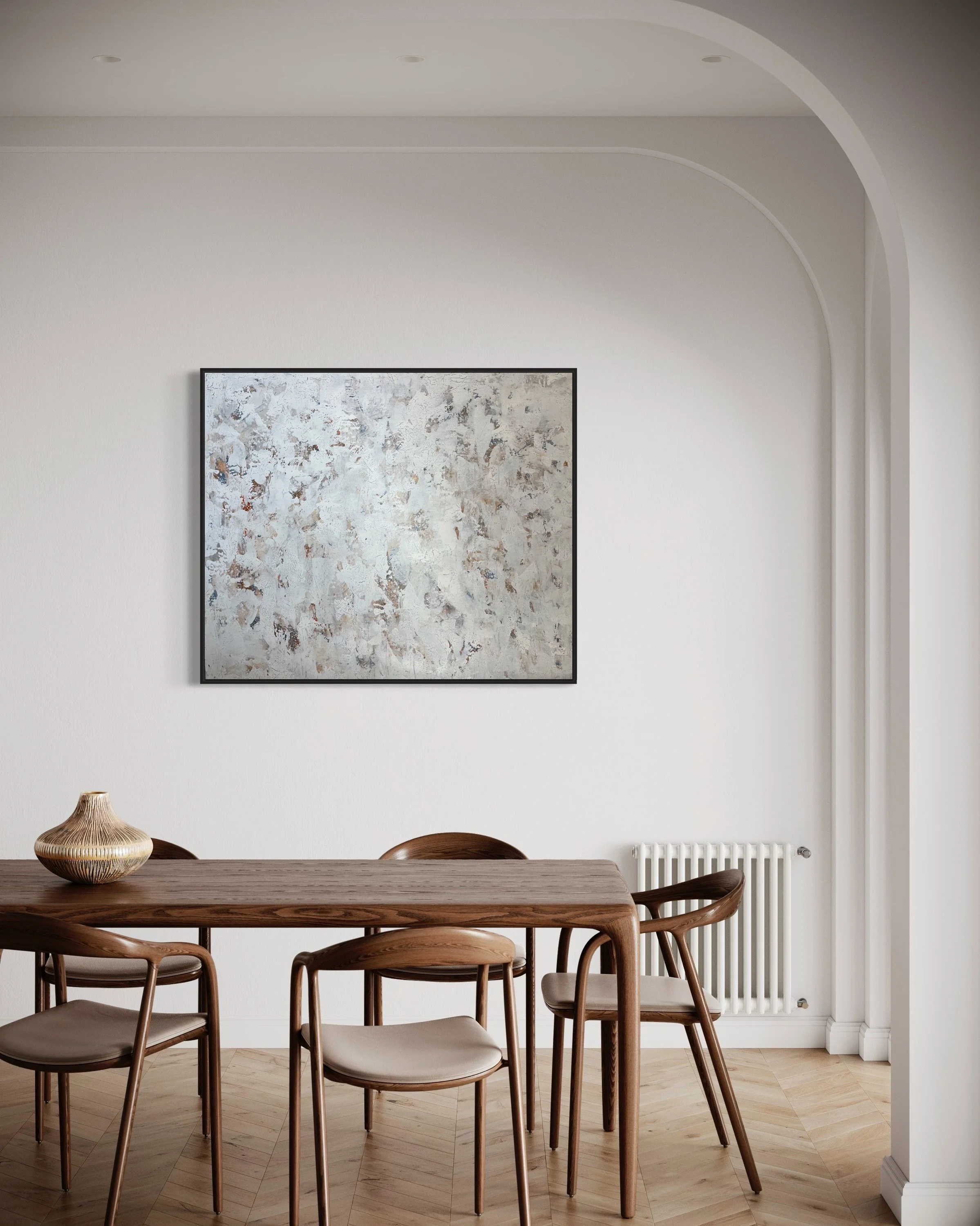 Aire abstract art print, neutral tones with metallic copper and soft blue, contemporary fine art, subtle cracked texture, KYCO print for modern interiors, sophisticated abstract wall art