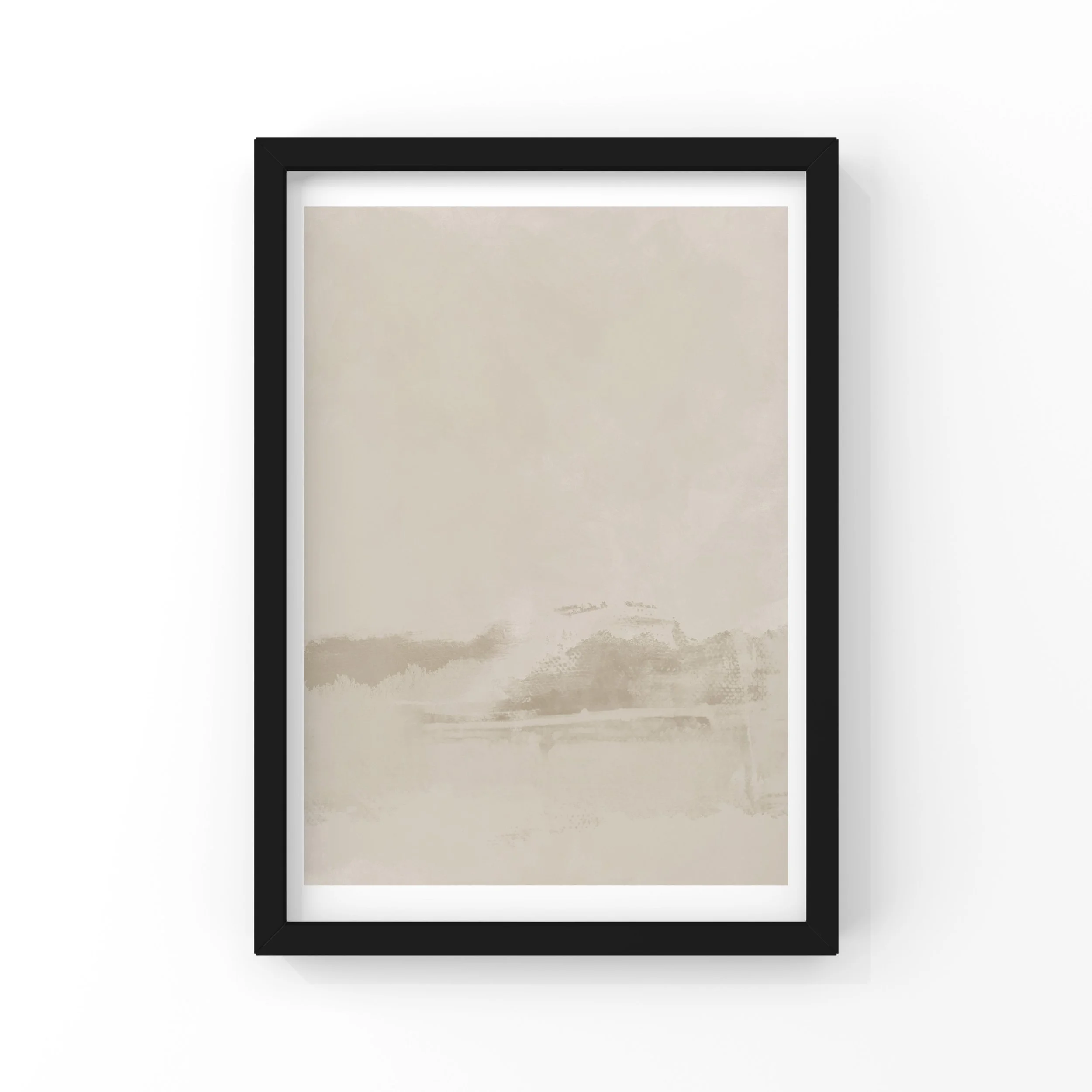 A minimalist framed wall art with a beige abstract painting on a white wall.