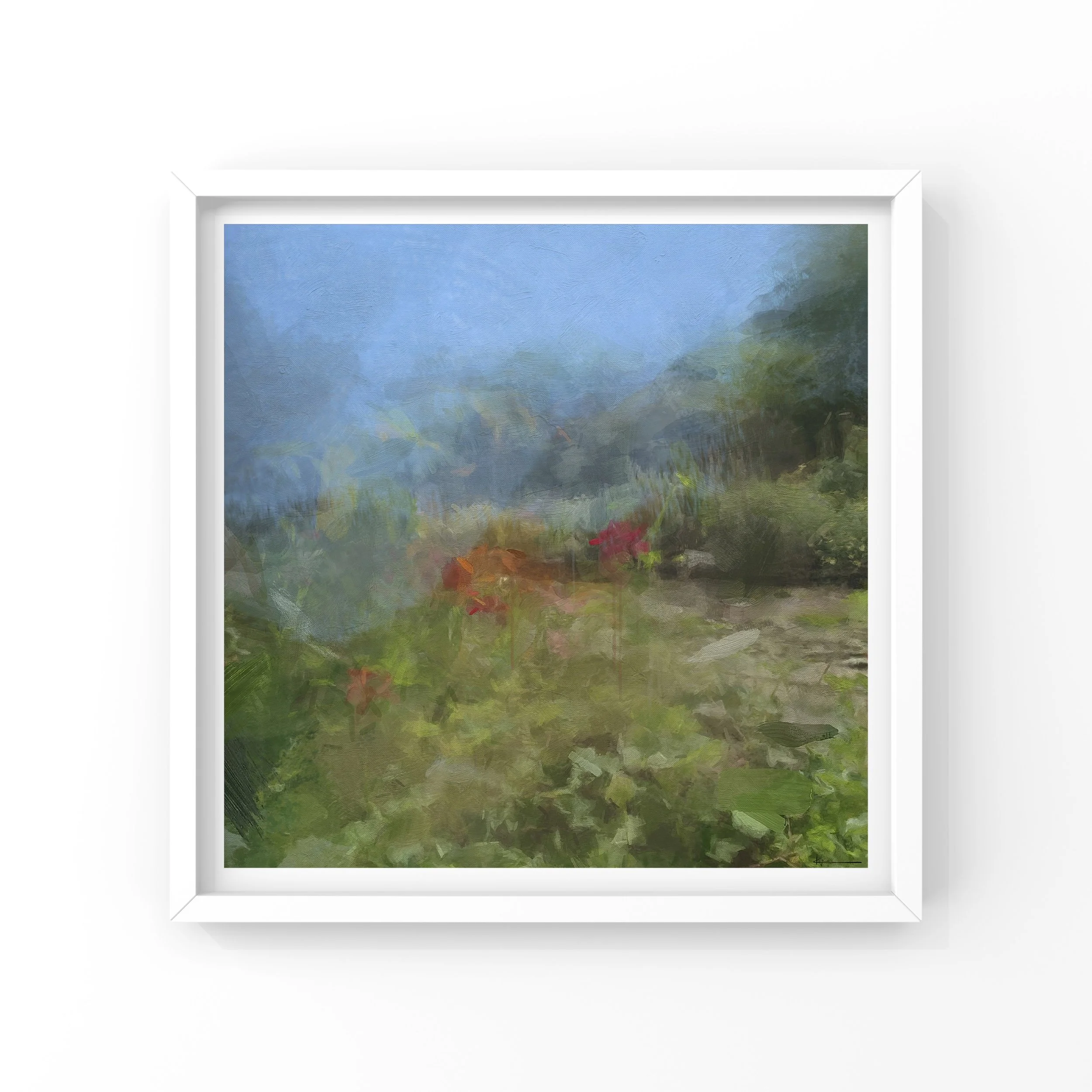 Blush of Summer abstract garden art print with crimson flowers and soft blue sky, contemporary landscape artwork from KYCO’s Element Collection, carbon neutral fine art print.