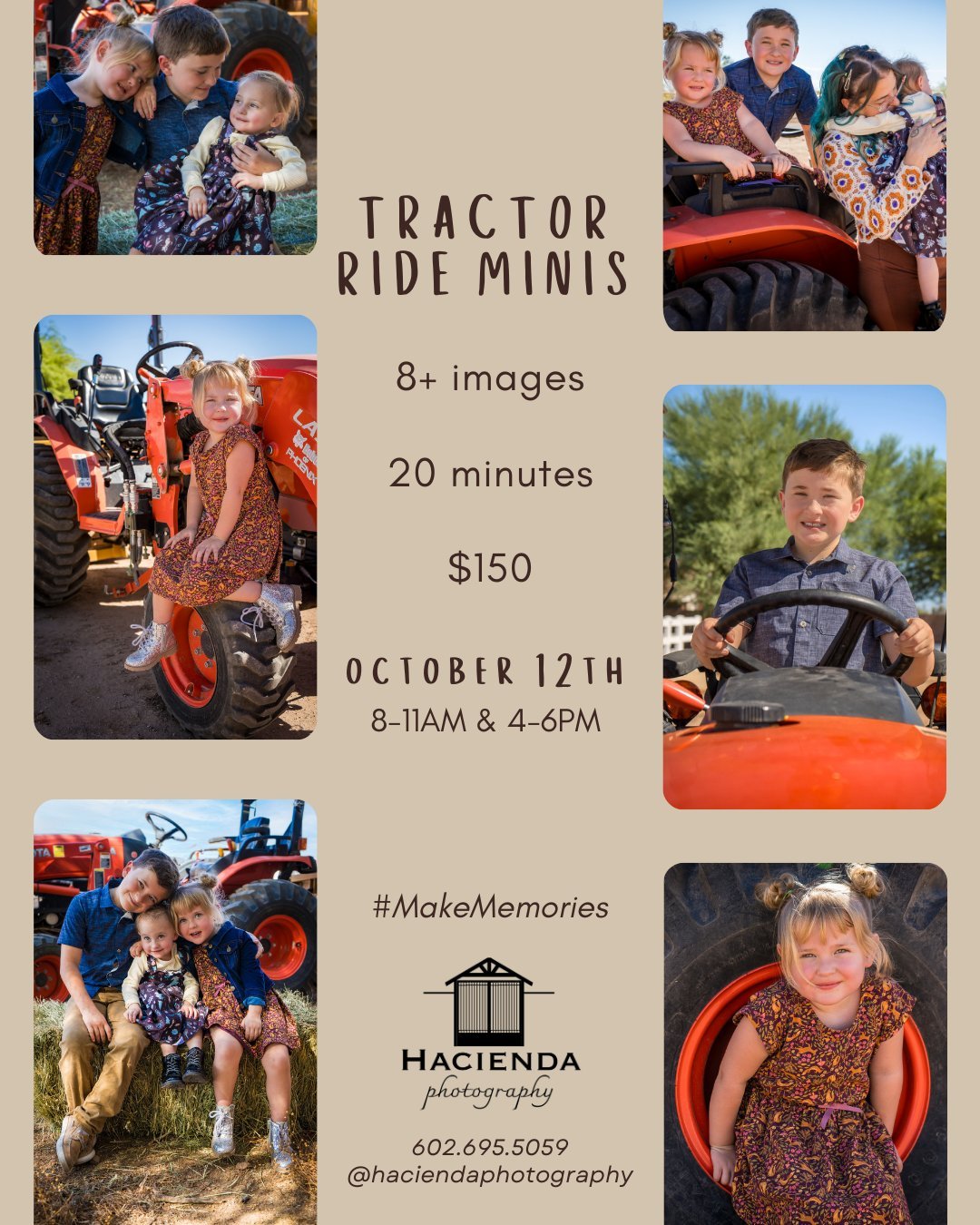 With the countdown to pumpkin season in full swing, these Tractor Ride mini sessions are booking up fast! Book today!

 #PSL #fall #phoenix #pumpkinseason #fallphotos #funforthefamily
