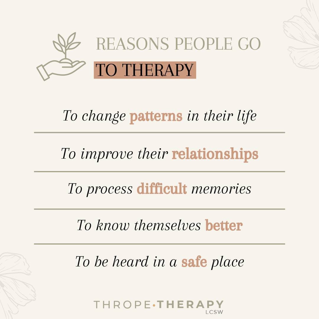 Therapy is a safe space. It allows you an opportunity to process, recognized, and acknowledge your thoughts and feelings. Here are a few reasons why someone may choose to go!

#mentalhealthishealth #mentalhealthtips #mentalhealthawareness #mentalheal