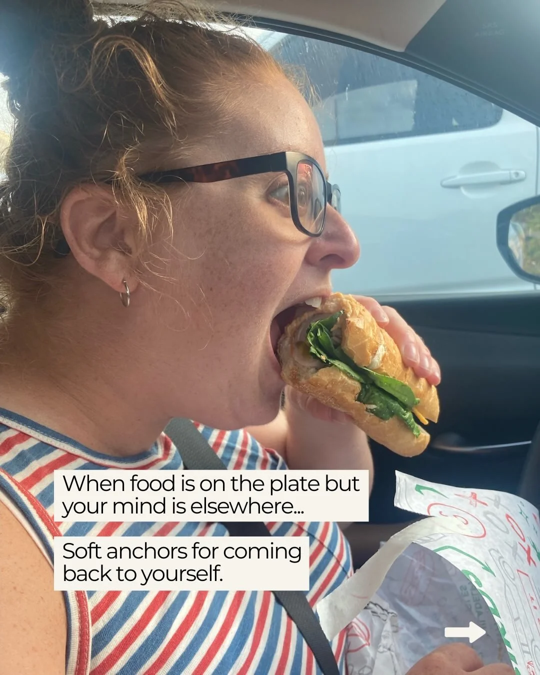 When meals feel mentally loud, staying present can feel almost impossible. 

Presence doesn&rsquo;t mean silence in your mind or enjoying every bite, it means staying connected to yourself even when discomfort shows up.

Small anchors can help: notic
