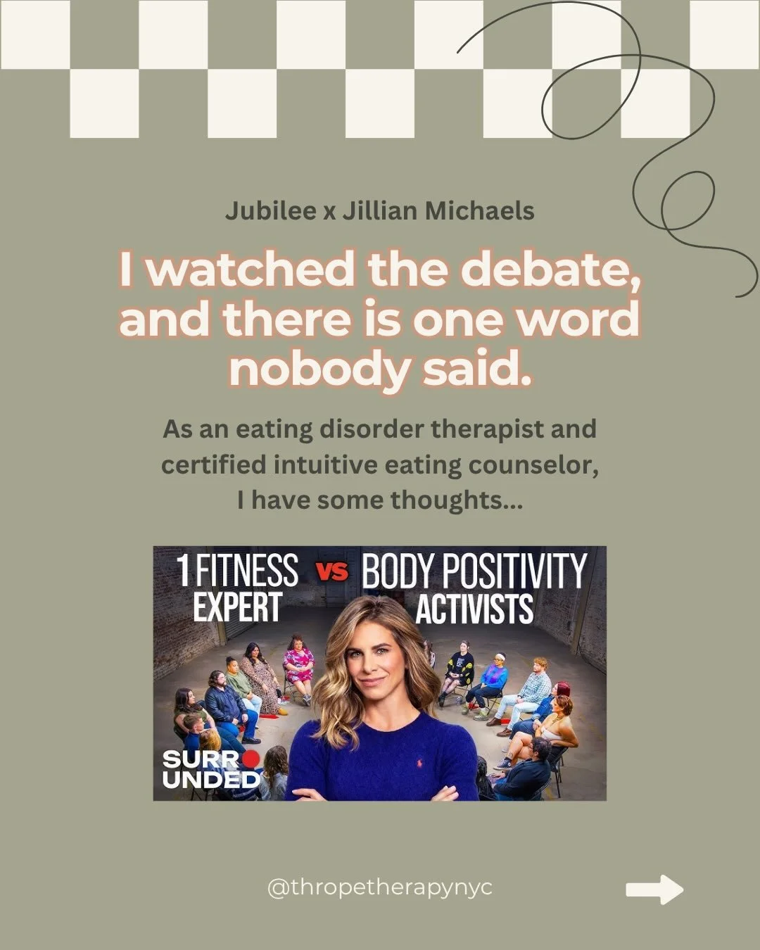 I watched the Body Positivity Activists vs Jillian Michaels Jubilee debate and kept waiting for someone to say the one thing that changes this whole conversation. 

Swipe for my thoughts as an eating disorder therapist and certified intuitive eating 