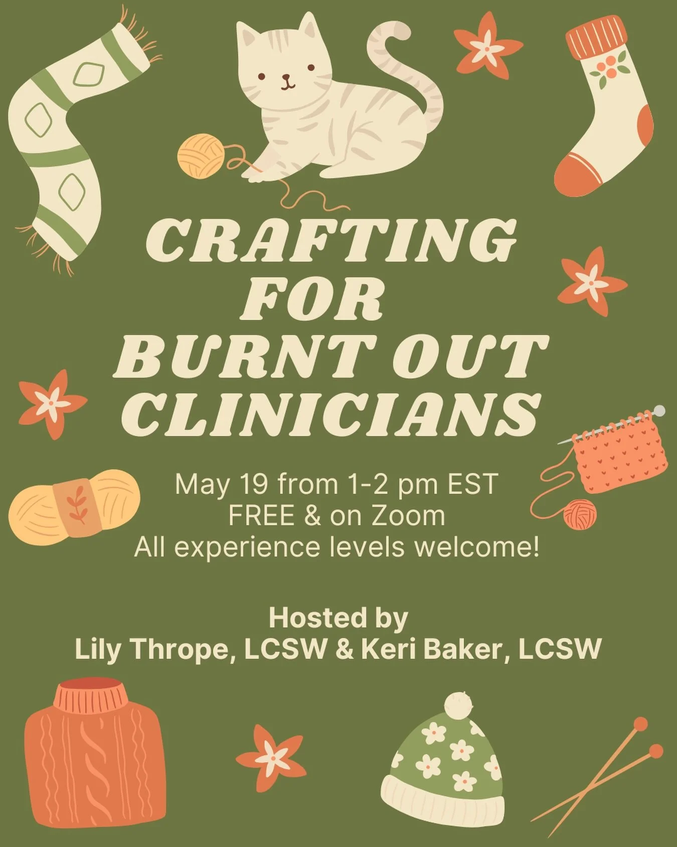 Calling all burnt out clinicians! 

When did you last do something that was only for you?

On May 19th from 1 to 2pm EST we are hosting our first ever virtual craft hour! We are avid knitters and wanted to host this space for other crafters! 

An hou