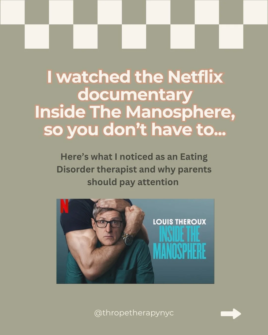 I watched the manosphere doc and kept noticing the same thing: so much of it is about controlling your own body, and almost none of it says the word that fits. 

Swipe for what stood out to me as an eating disorder therapist, and why parents of sons 