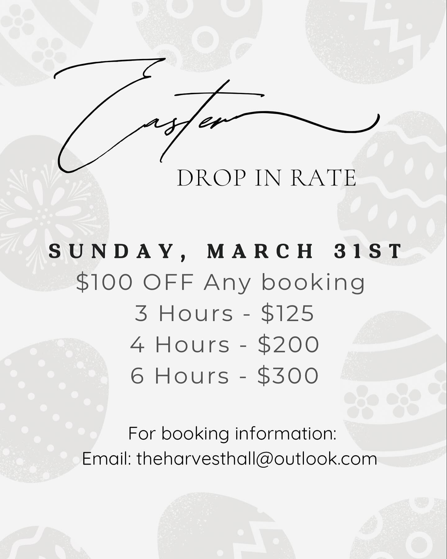 EASTER SPECIAL $100 OFF ANY BOOKING ✝️Sunday, March 31st we have an opening! Want to host Easter Dinner in a cute place without hassle of getting your house ready? Let&rsquo;s us help! 

Email theharvesthall@outlook.com to book it!