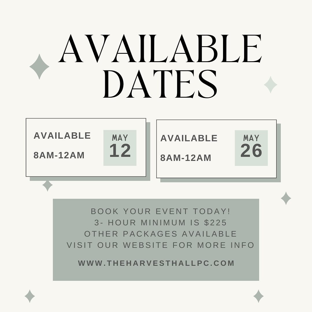 Our May calendar filled up QUICK! But, don&rsquo;t worry! We still have some availability for your Mother&rsquo;s Day Brunch or Graduation Celebration! Don&rsquo;t wait- book your event now! ✨

theharvesthallpc.com