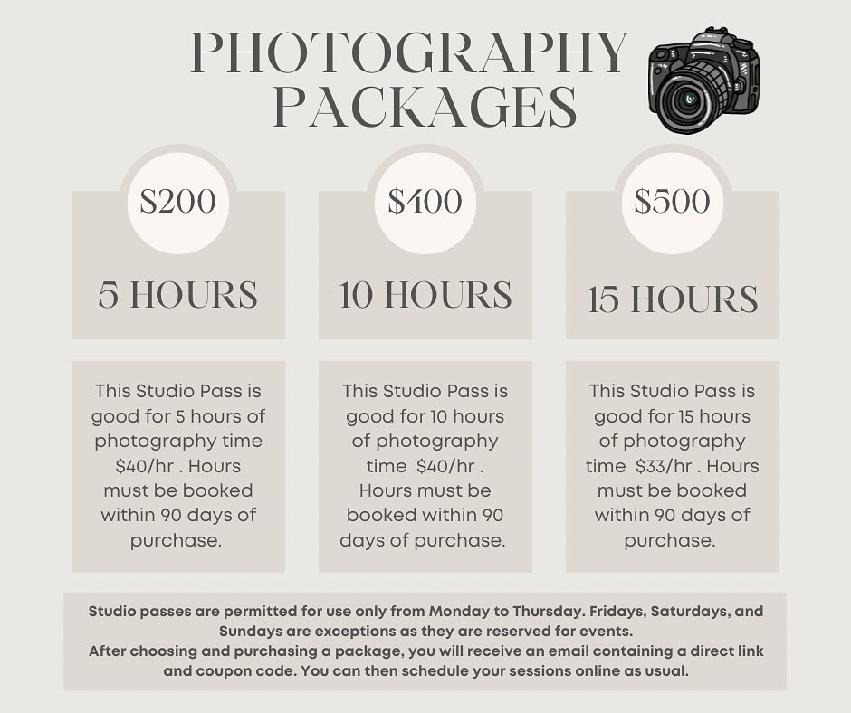 ‼️ATTENTION: PHOTOGRAPHERS‼️
 
Introducing Studio Passes!
Our studio is incredibly versatile, perfect for any theme or session, with abundant natural light throughout the day. These passes are valid only from Monday to Thursday. Upon purchase, you wi