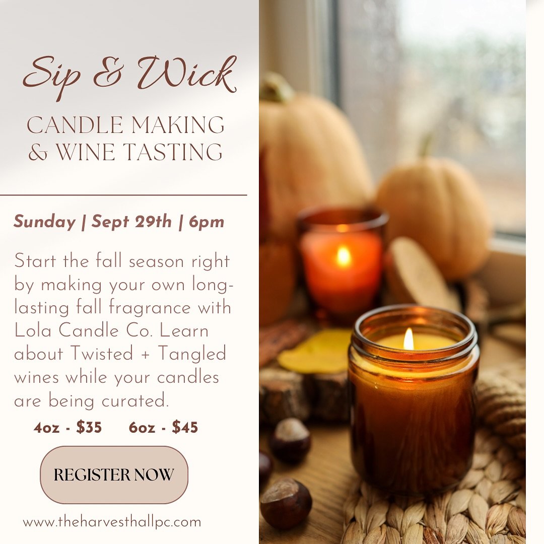 🍷🕯️🍂 Join us for Sip + Wick 🍂🕯️🍷
Start the fall season by crafting your own fragrant candle that will last throughout the entire season. @thelolacandleco  will guide you through the creation process, offering a wide selection of scents to pick 
