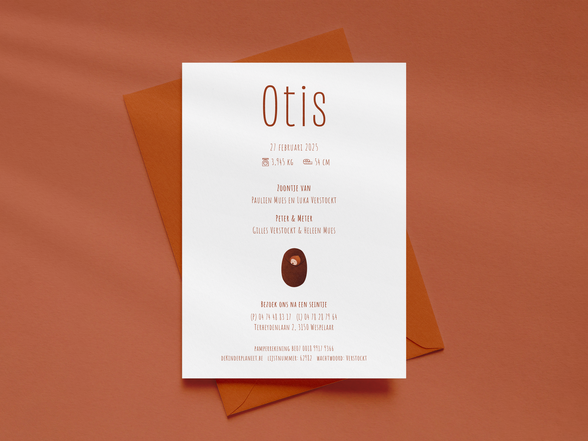 Achterzijde geboortekaartje op maat voor Otis– illustratie