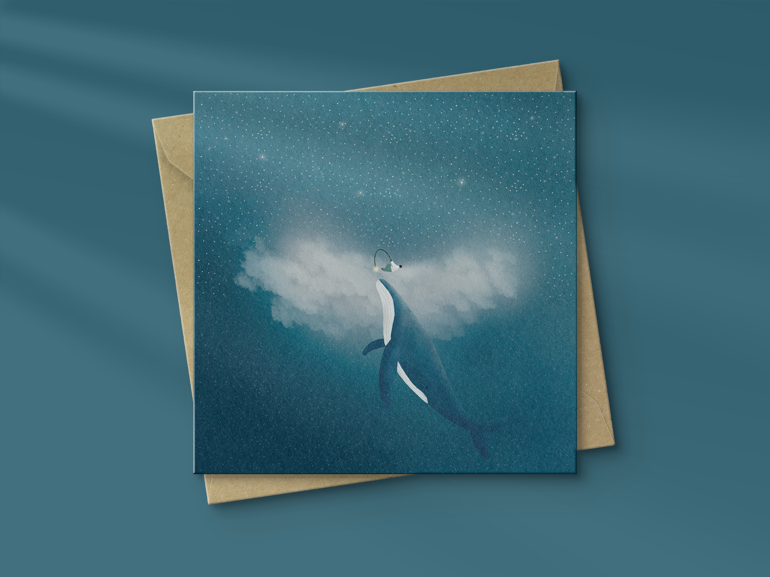 Een illustratie van een orka die in de oceaan zwemt onder een sterrenhemel met een bewolkte hemel erboven.