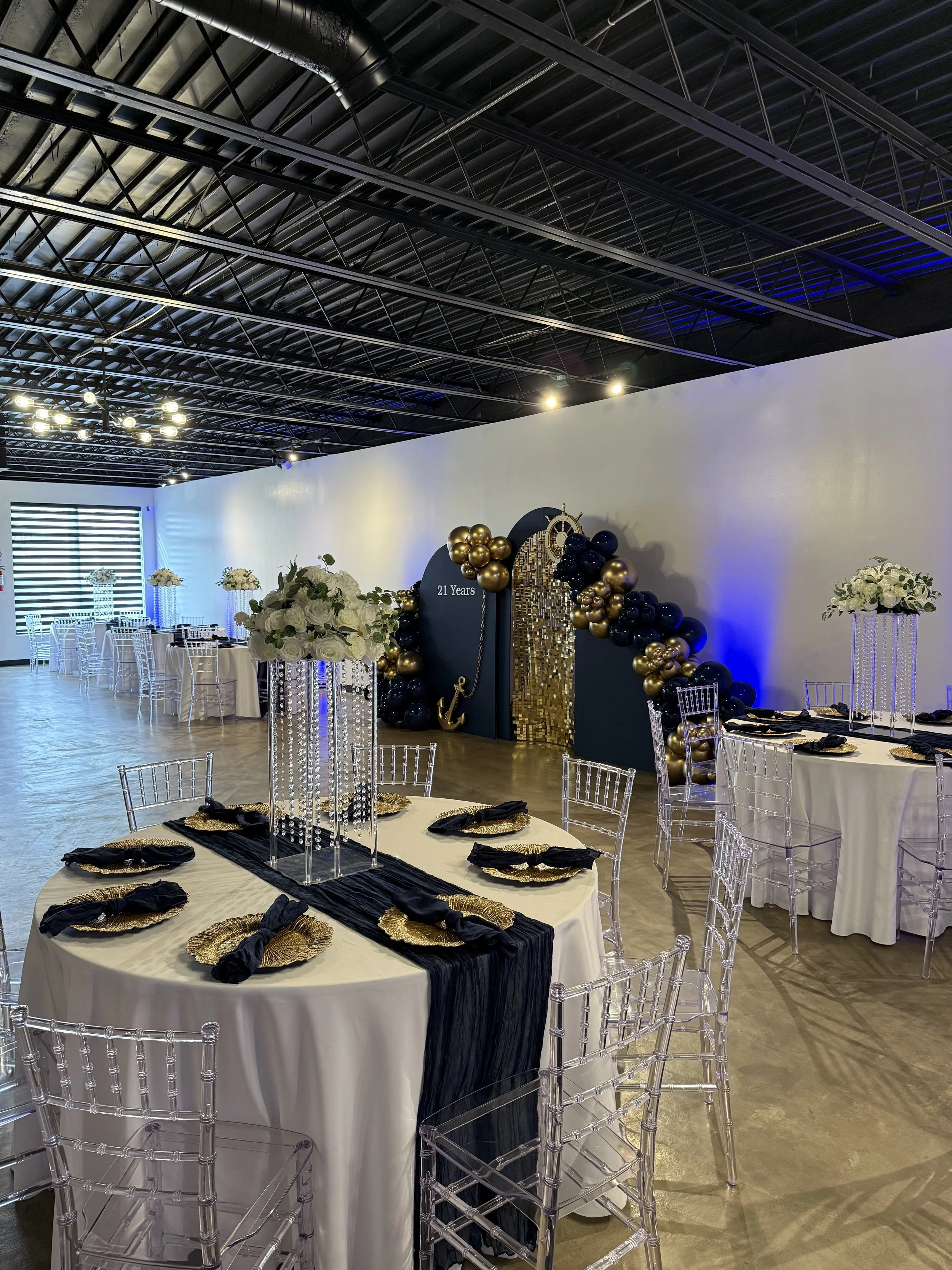 Seating layout for 65 guest for a U.S. Navy Retirement celebration at Bee Real Event Space located in Portsmouth, VA. 