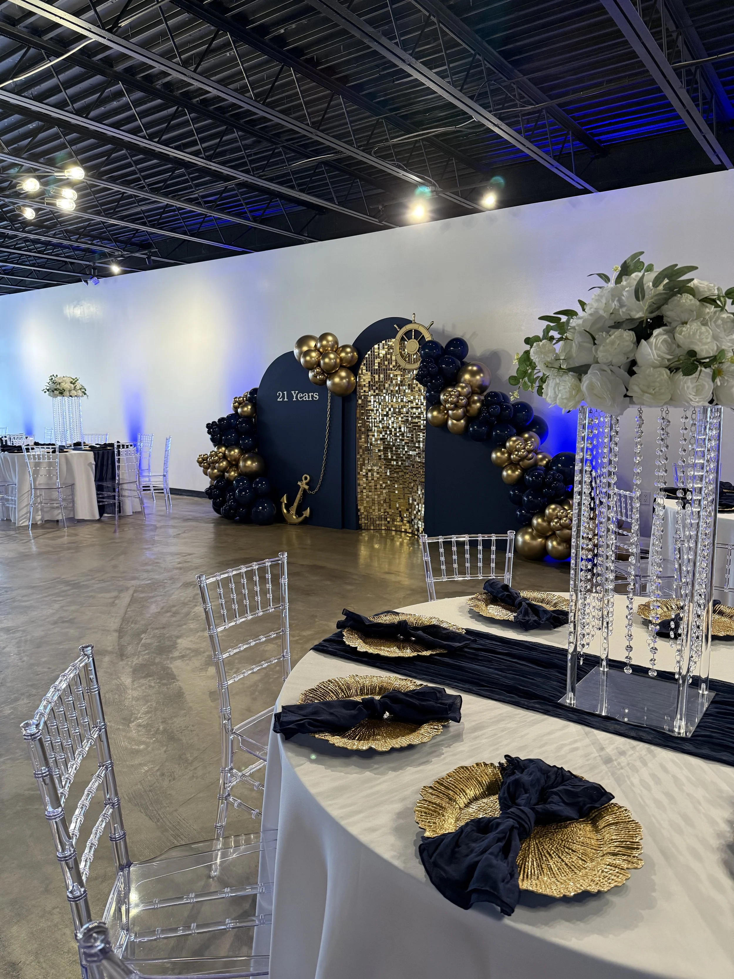 Seating layout for 65 guest for a U.S. Navy Retirement celebration at Bee Real Event Space located in Portsmouth, VA. 