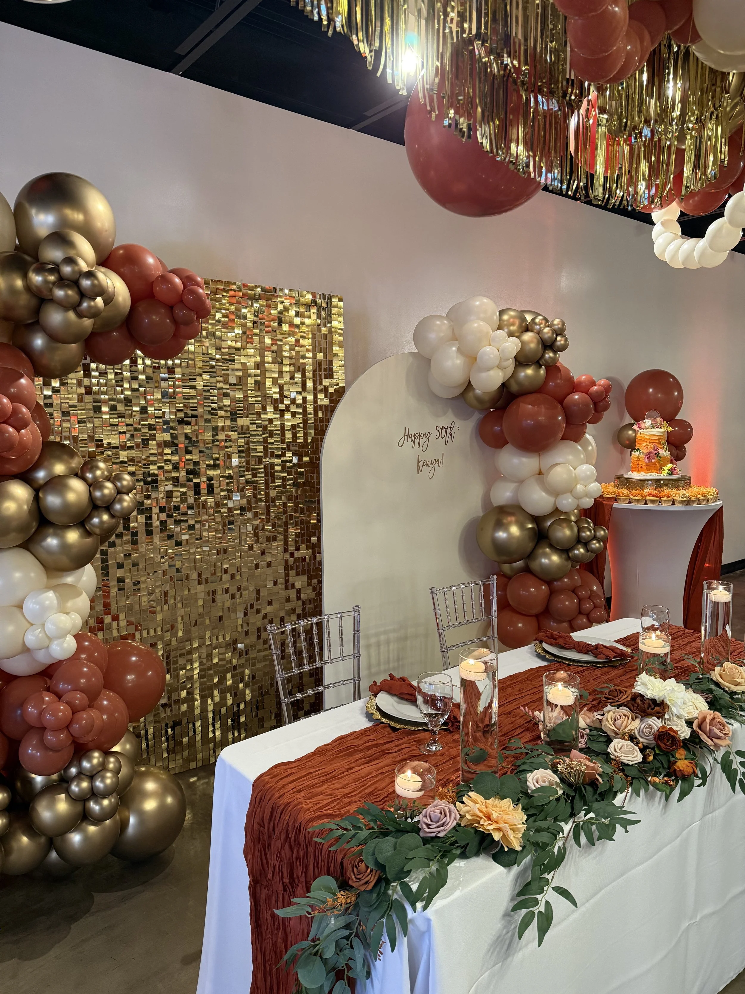 Elegant birthday setup at Bee Real Event Space in Portsmouth, VA. Fits up to 65 guest with custom decor options. 