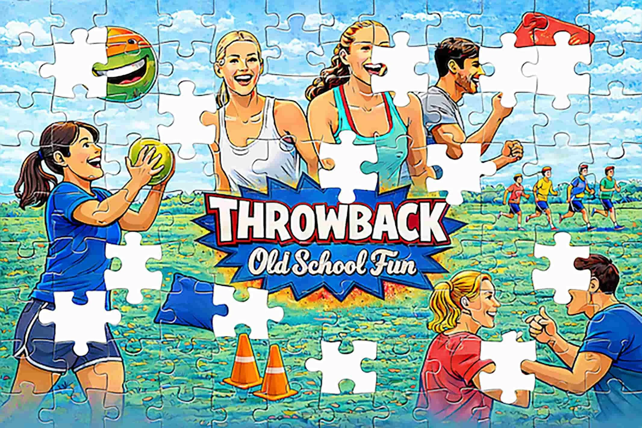 Illustrated jigsaw puzzle of Throwback field day team building activities including running and ball games