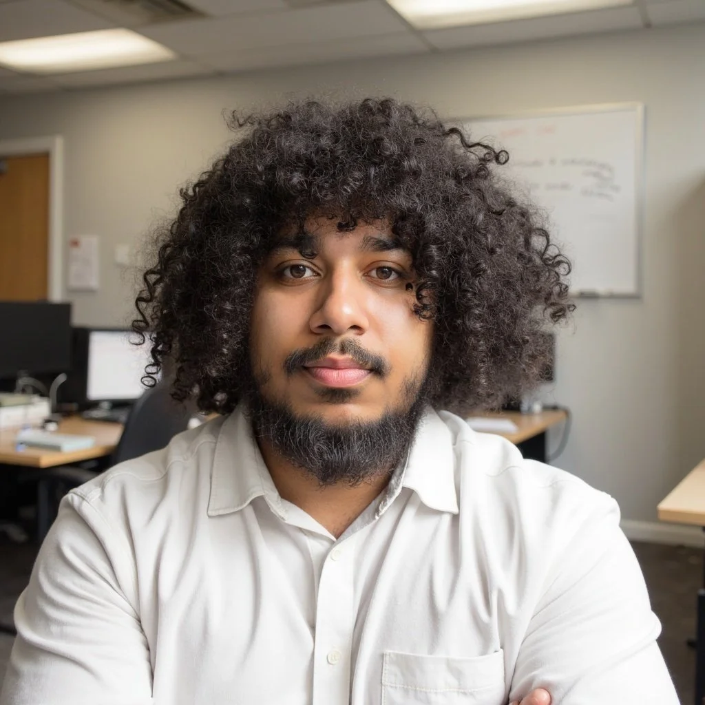 Black and white portrait of a smiling man with curly hair, wearing a black hoodie.