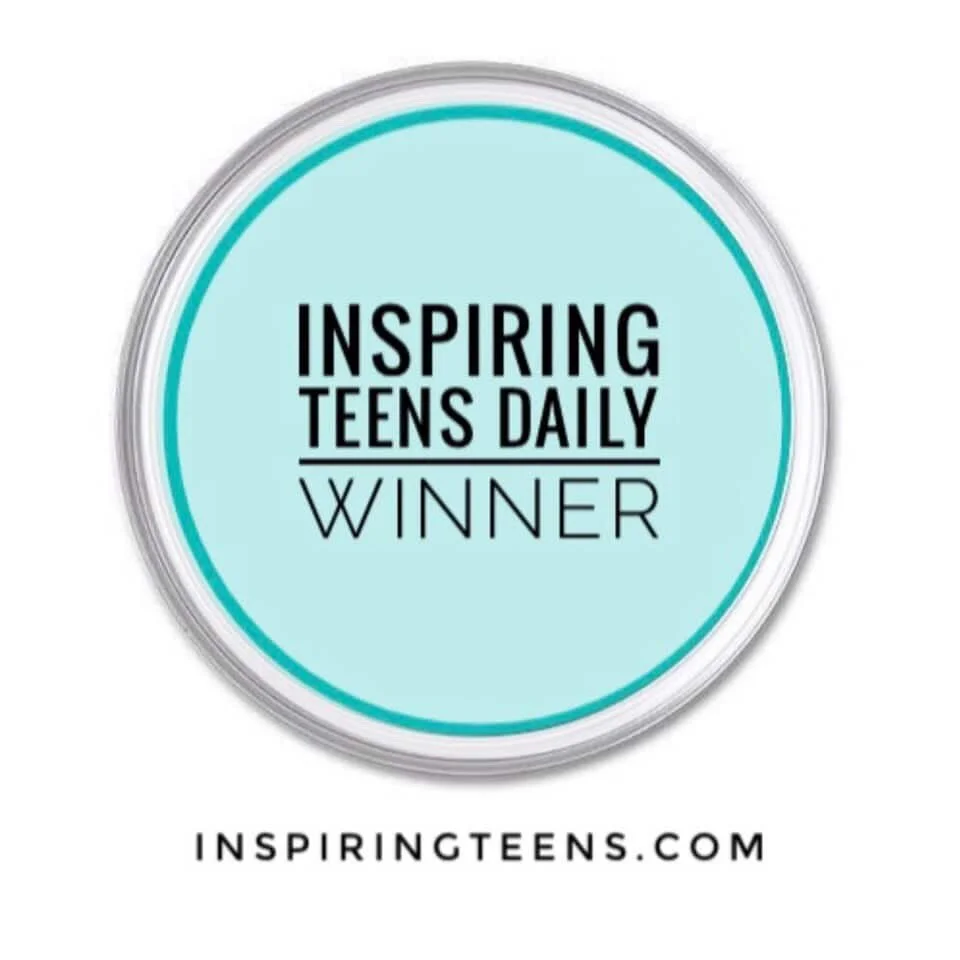 A reward badge with a light blue background, black text reading "Inspiring Teens Daily Winner," and the website inspringteens.com.