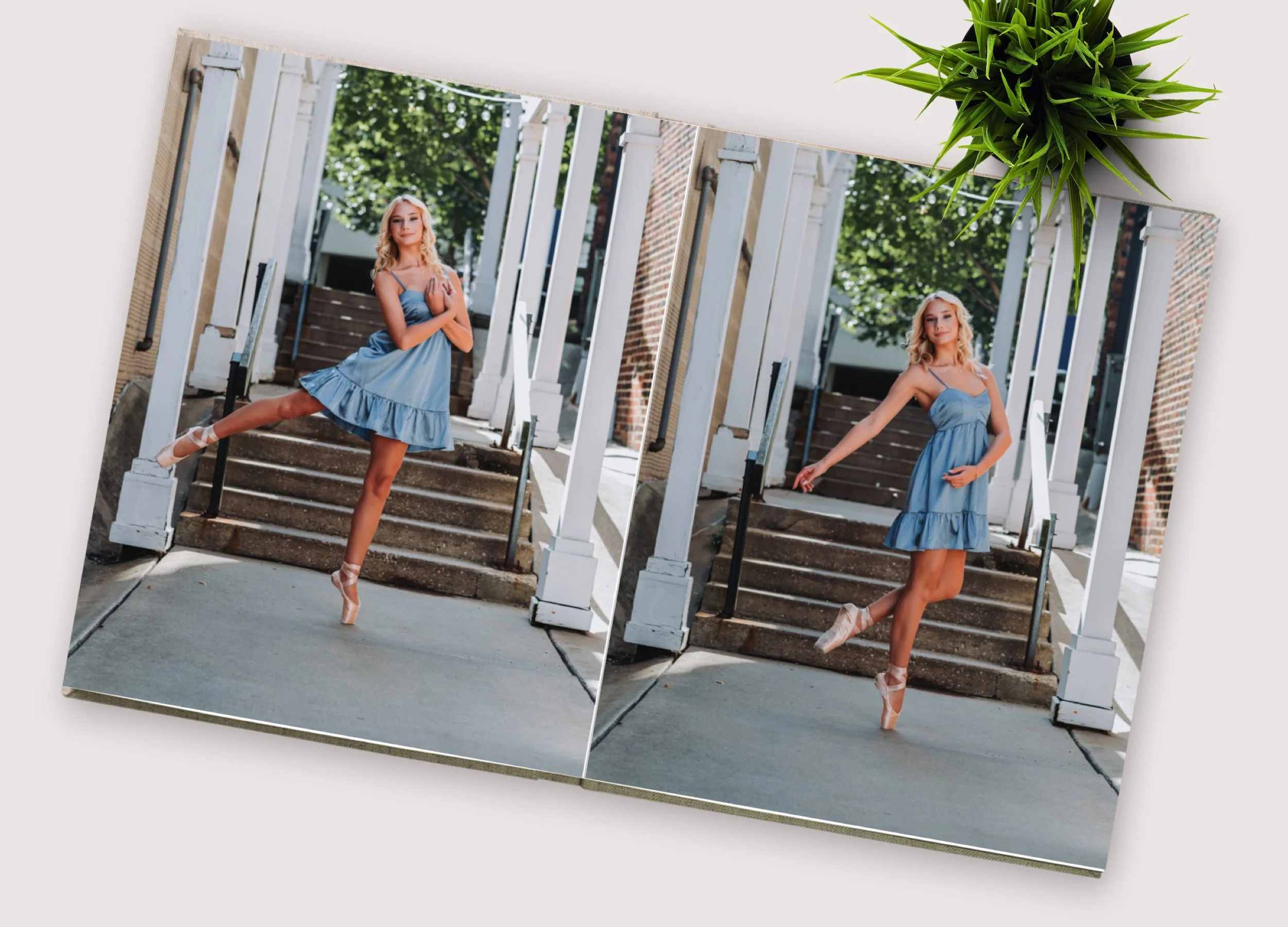 A young woman in a blue dress and ballet shoes performs ballet poses on outdoor steps under a pergola with white columns, surrounded by greenery and brick walls.