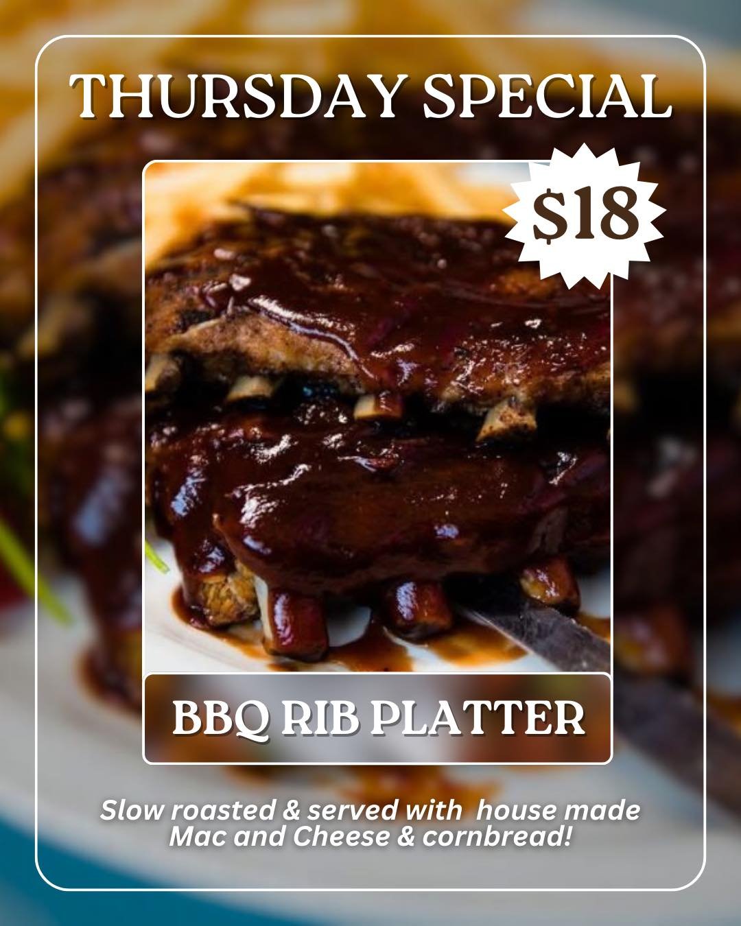 Dive into our savory, bbq smothered Thursday feature! 

Seasoned with Chef Bernard&rsquo;s top secret dry rub recipe, slow roasted to perfection, and smothered with honey bbq sauce 🍯

Our ribs platter is perfectly paired with house made Mac &amp; Ch