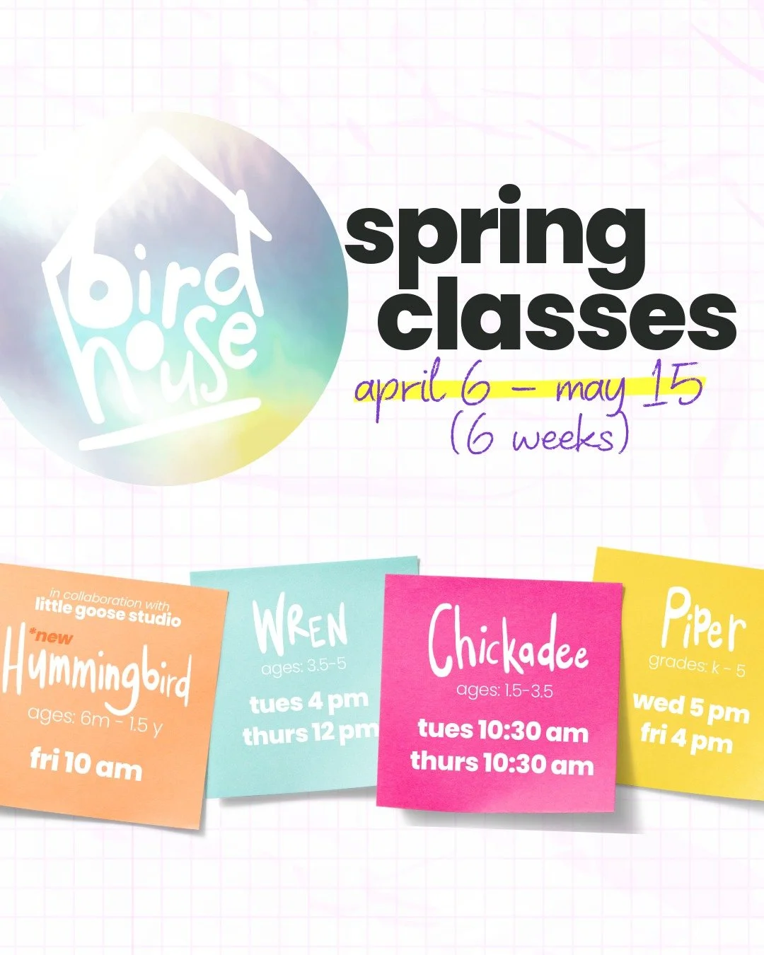 Spring sessions are LIVE 🌸🎨

Tiny hands. Big imaginations.
Six weeks of messy, magical creativity at Birdhouse.

From baby sensory play to big kid art adventures &mdash; we&rsquo;ve got a class for every stage.

✨ Hummingbird (6m&ndash;1.5y)
✨ Chic
