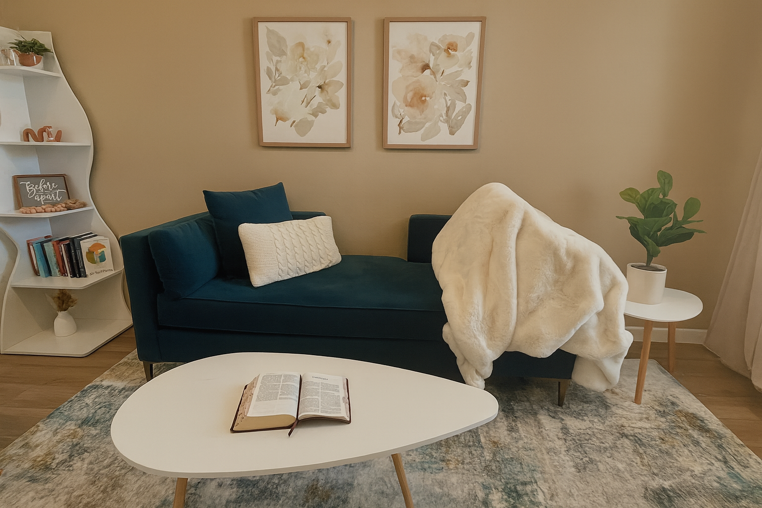Living room with a dark teal sofa, decorative pillows, a white coffee table with an open book, a white side table with a potted plant, a tall white bookshelf with books and decor, two framed floral art prints on the beige wall, and a rug on the wooden floor.