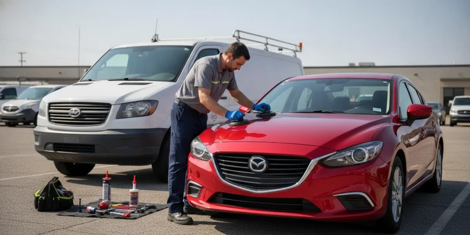 Mobile auto glass technician servicing a fleet vehicle