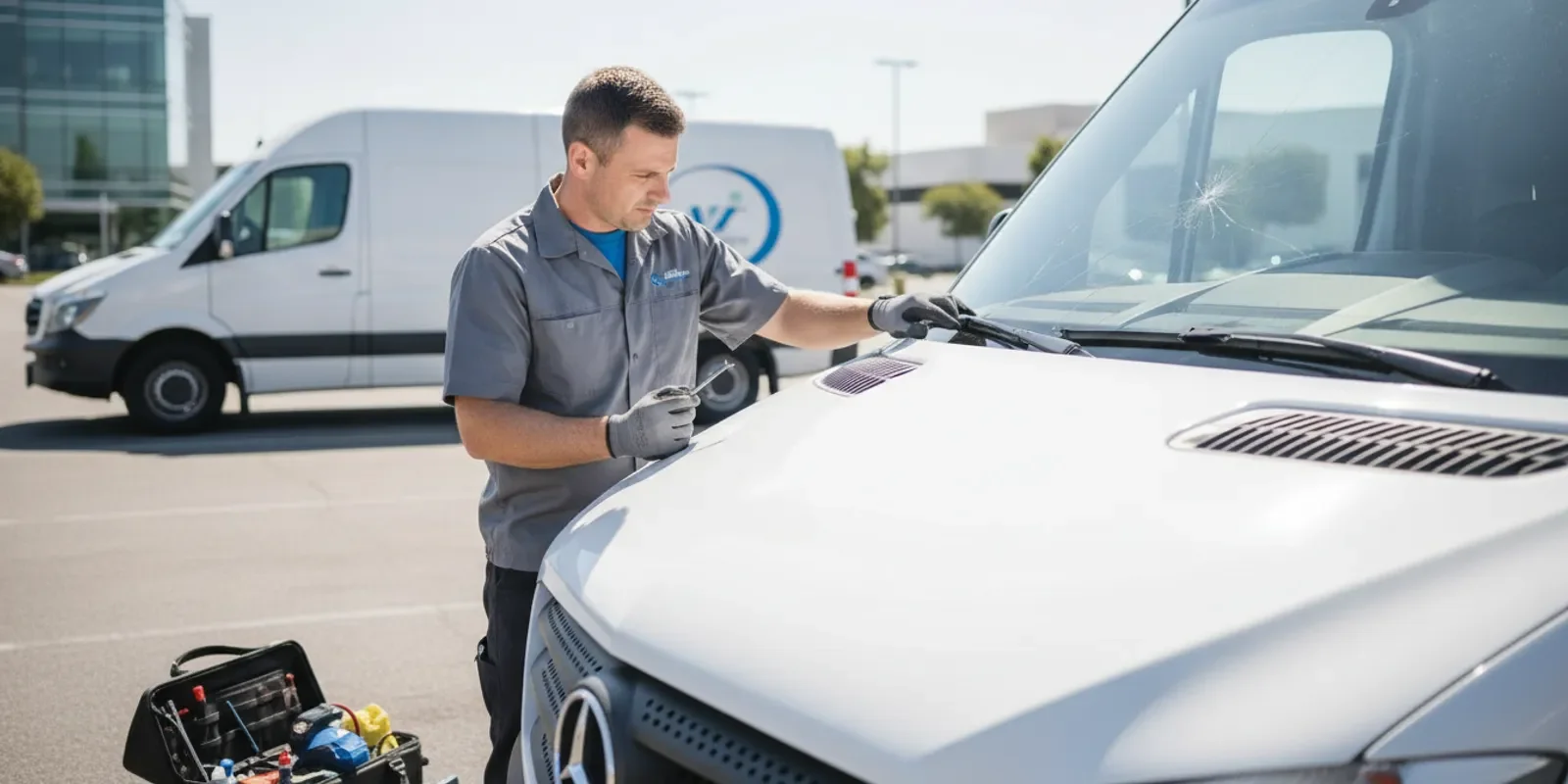 Fleet mobile auto glass service team working on multiple vehicles