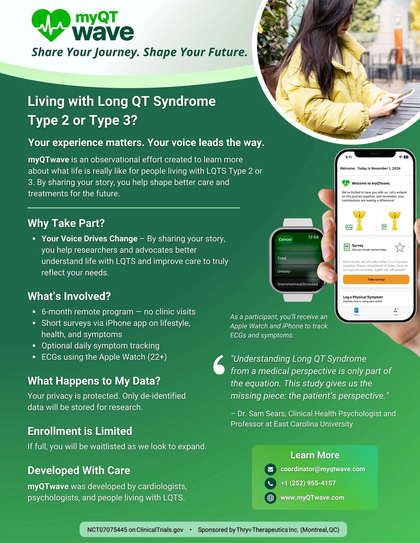 🌊 Empowering individuals with LQT2 and LQT3 to share their experiences — anytime, anywhere.
myQTwave is a remote study designed to better understand life with Long QT Syndrome. Eligible participants receive an iPhone and Apple Watch to comple