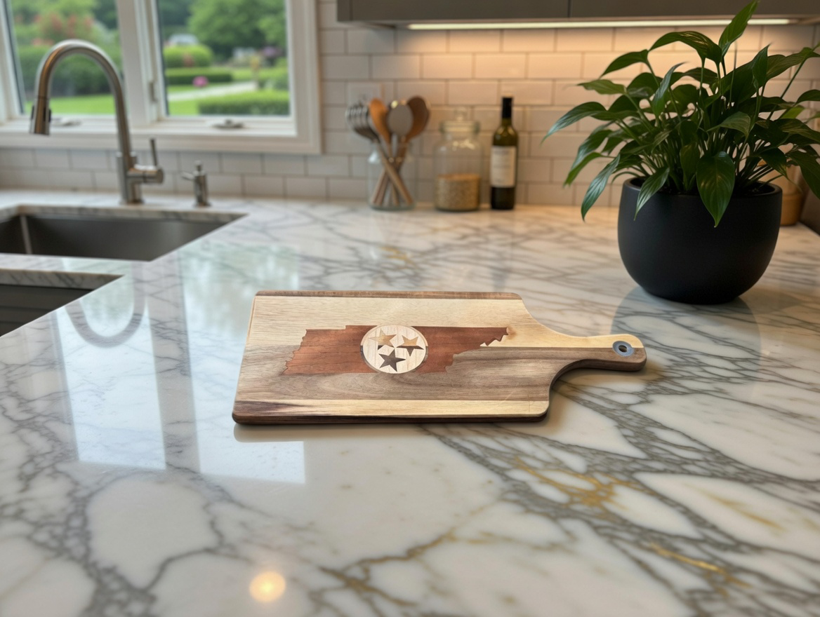 A wooden cutting board with a Tennessee state outline and a Tennessee flag emblem on a marble kitchen countertop.