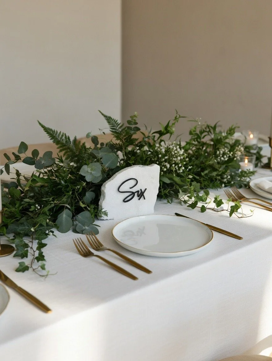 Table setting with white plate, gold fork and knife, greenery centerpiece, and a white rock with the word "Sux" in black.