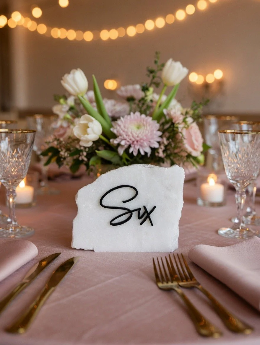 Table setting at a wedding with pink tablecloth, gold cutlery, pink napkins, a flower centerpiece with white tulips and pink chrysanthemums, and a sign with the word 'Six' on a piece of white rock. There are lit candles and string lights in the background.