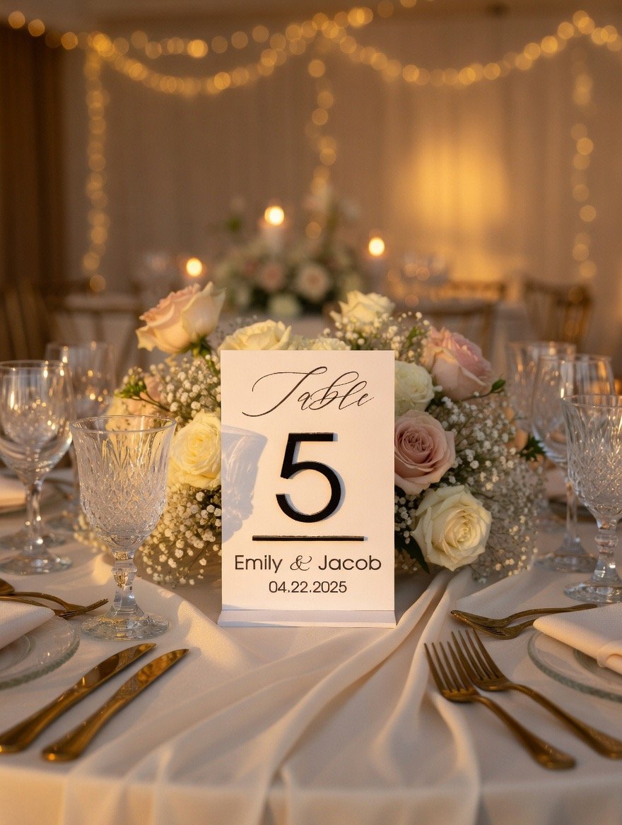 Wedding table decorated with flowers, glassware, and gold utensils, featuring a table number for table 5. Custom Wedding Table Number. Wedding Reception Decor.