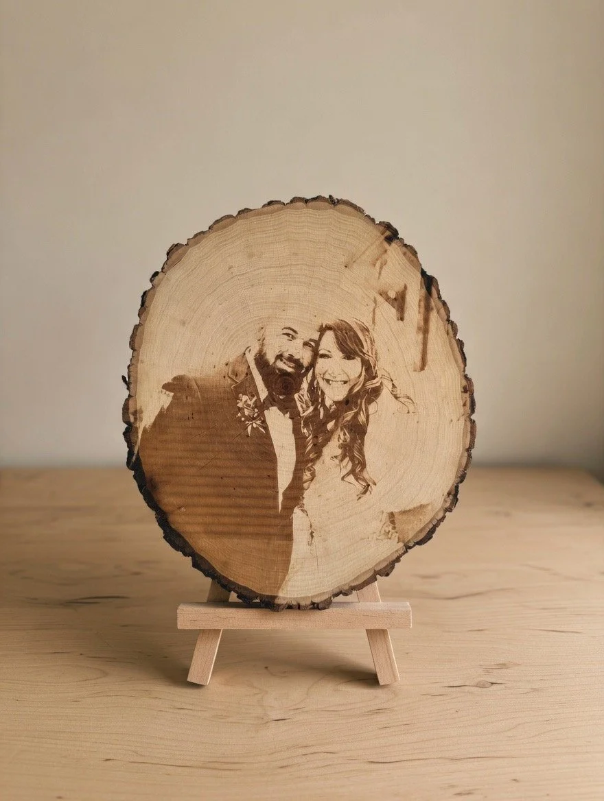 Wooden disc with engraved photo of a smiling man and woman, mounted on a small wooden stand on a light wood surface.