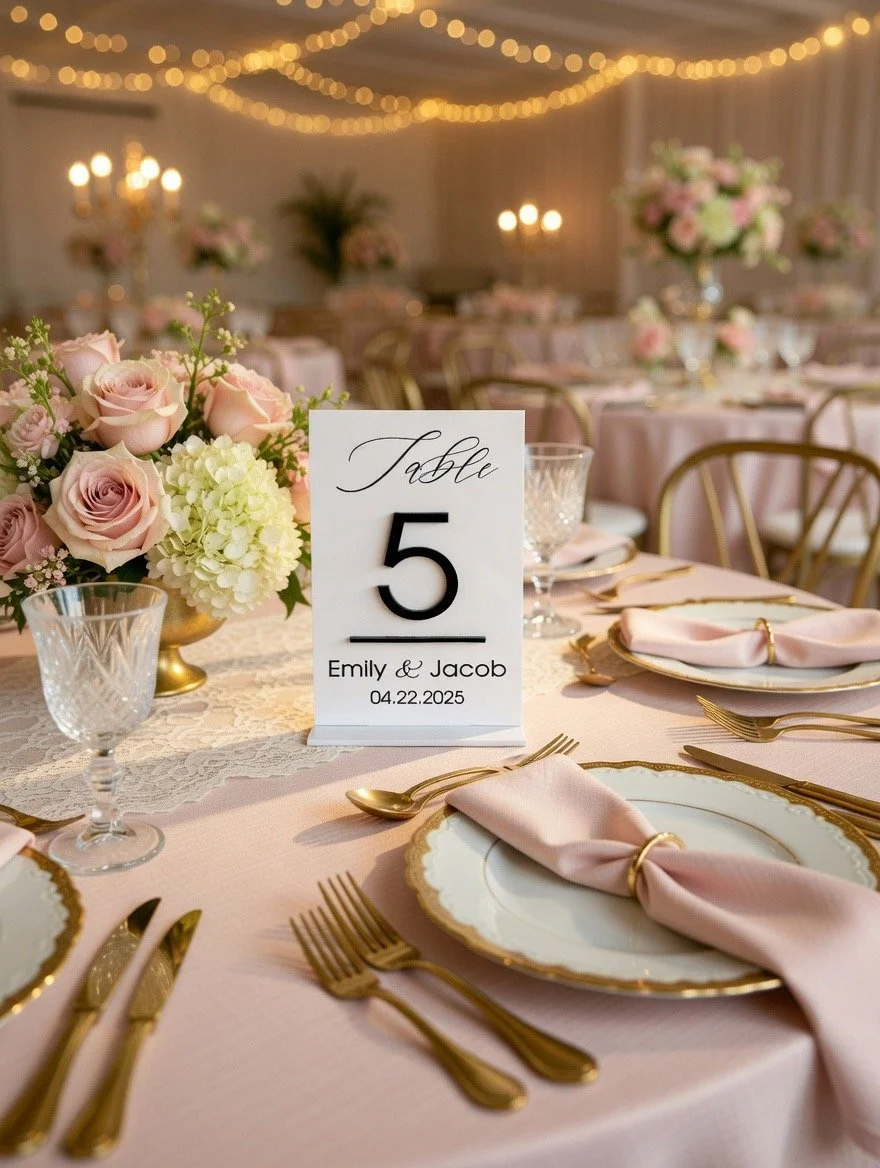 Elegant wedding reception table with a centerpiece of pink roses and white hydrangeas, featuring a table number sign for table 5 with the names. The table is set with gold flatware, pink napkins, and fine china, under soft string lights in the backgr