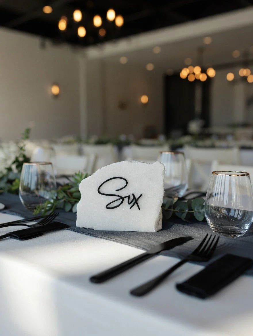 Wedding reception table with a white stone centerpiece labeled 'Six', black cutlery, and clear wine glasses, decorated with green foliage. Marble Table Number. Stone Table Number. Custom Engraving