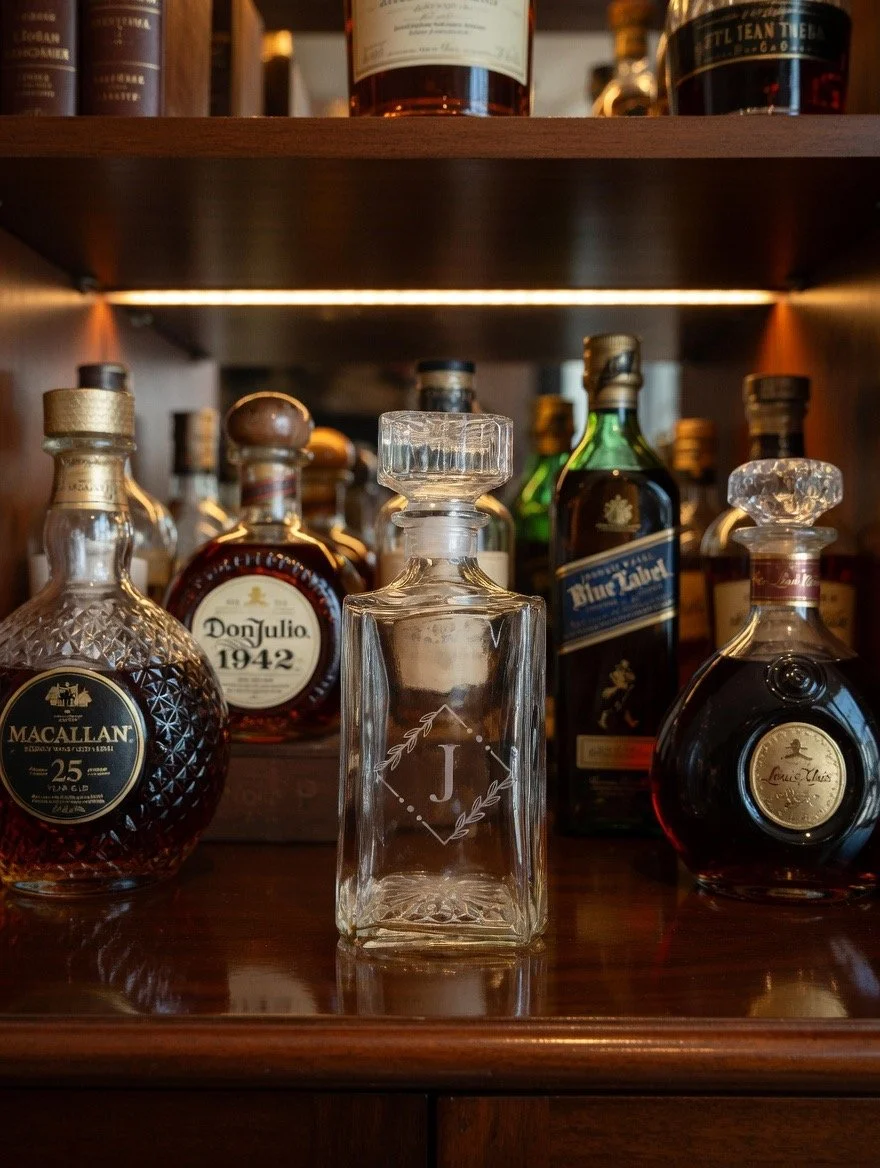 A display of various liquor bottles, including whiskey, brandy, and other spirits, arranged on a wooden shelf, with a decorative transparent glass bottle with a monogram 'J' in the center.