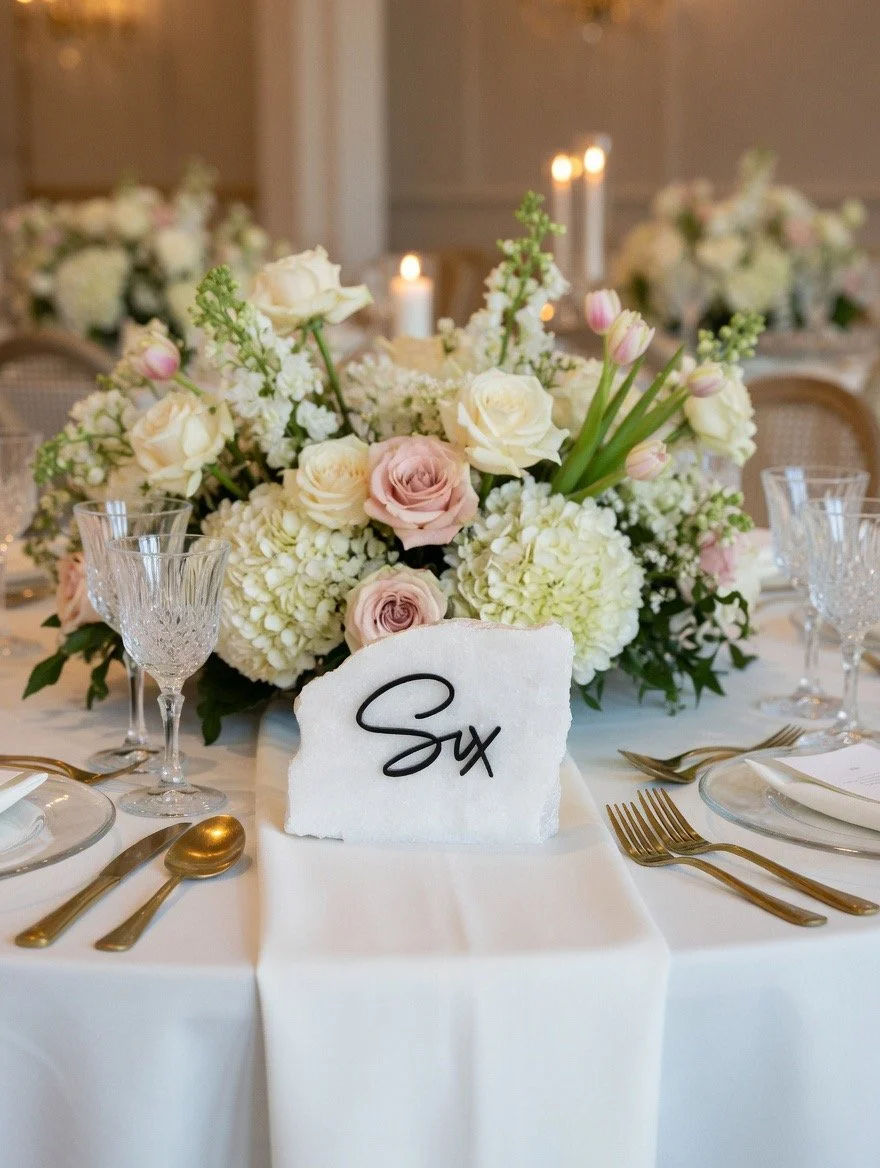 Elegant table setting for wedding or formal event with a floral centerpiece of white and blush roses, hydrangeas, and tulips, glassware, and gold utensils, and a card with the number six.