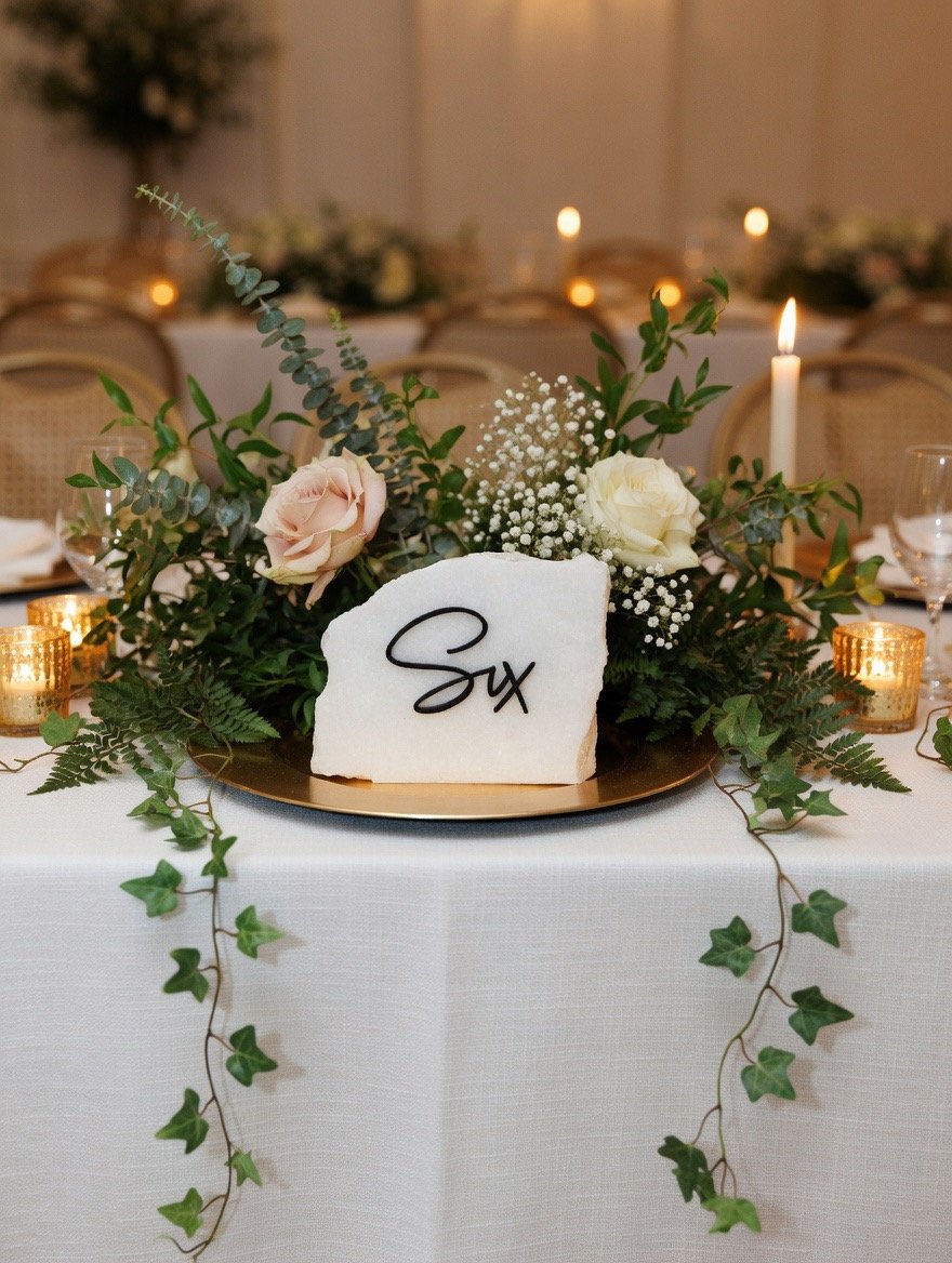 Wedding reception table centerpiece with a white stone that has the word 'Six' written on it, surrounded by white roses, greenery, baby’s breath, lit candles, and small gold votive holders. Table Number