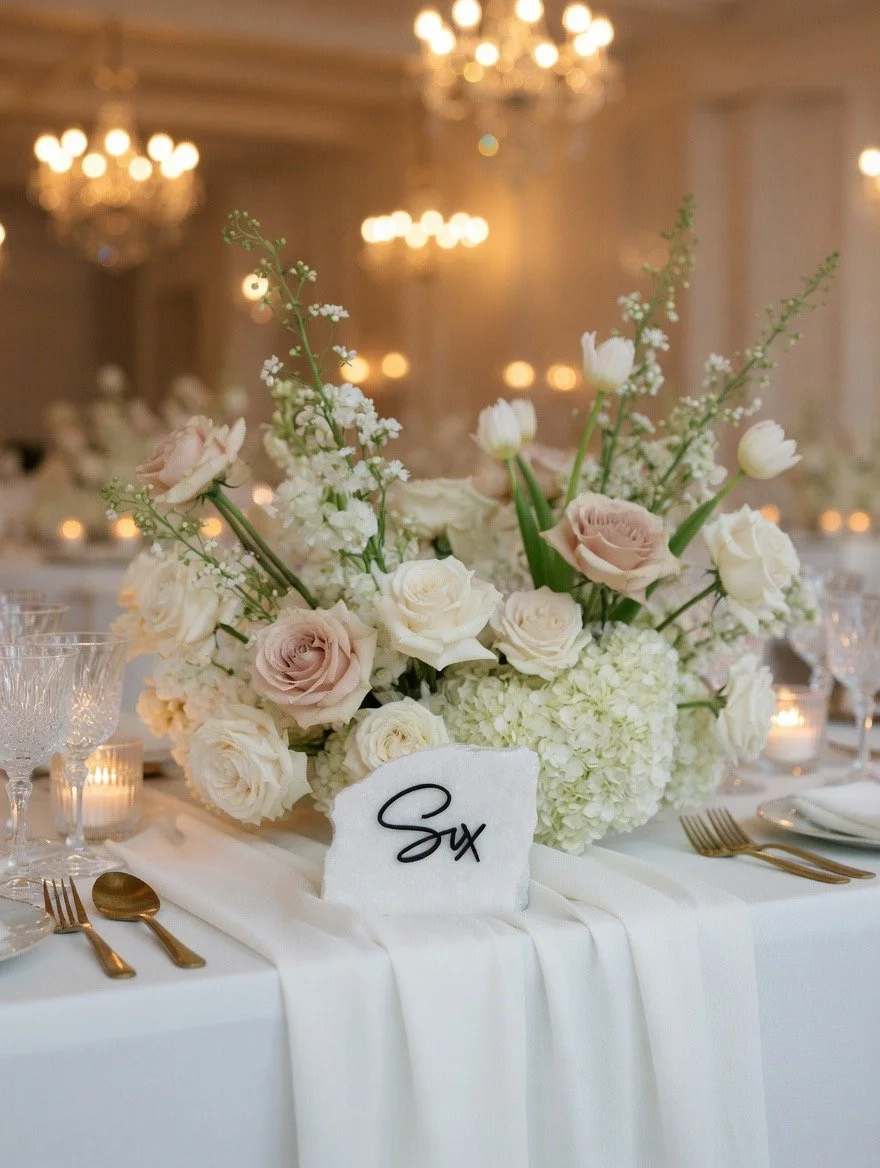 A wedding or event table decorated with a large floral centerpiece featuring white and blush roses, white hydrangeas, and other white flowers. The table has a white tablecloth, gold utensils, glassware, and candles. A small fabric sign with the text 