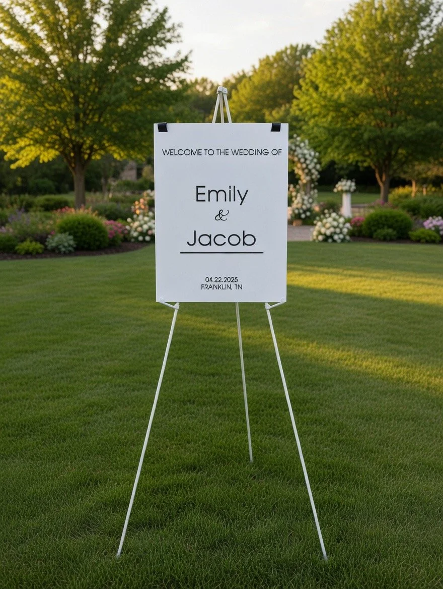 Custom Wedding Signage for Middle Tennessee. The sign is on a grassy lawn near trees and flowering bushes. Wedding Welcome Sign