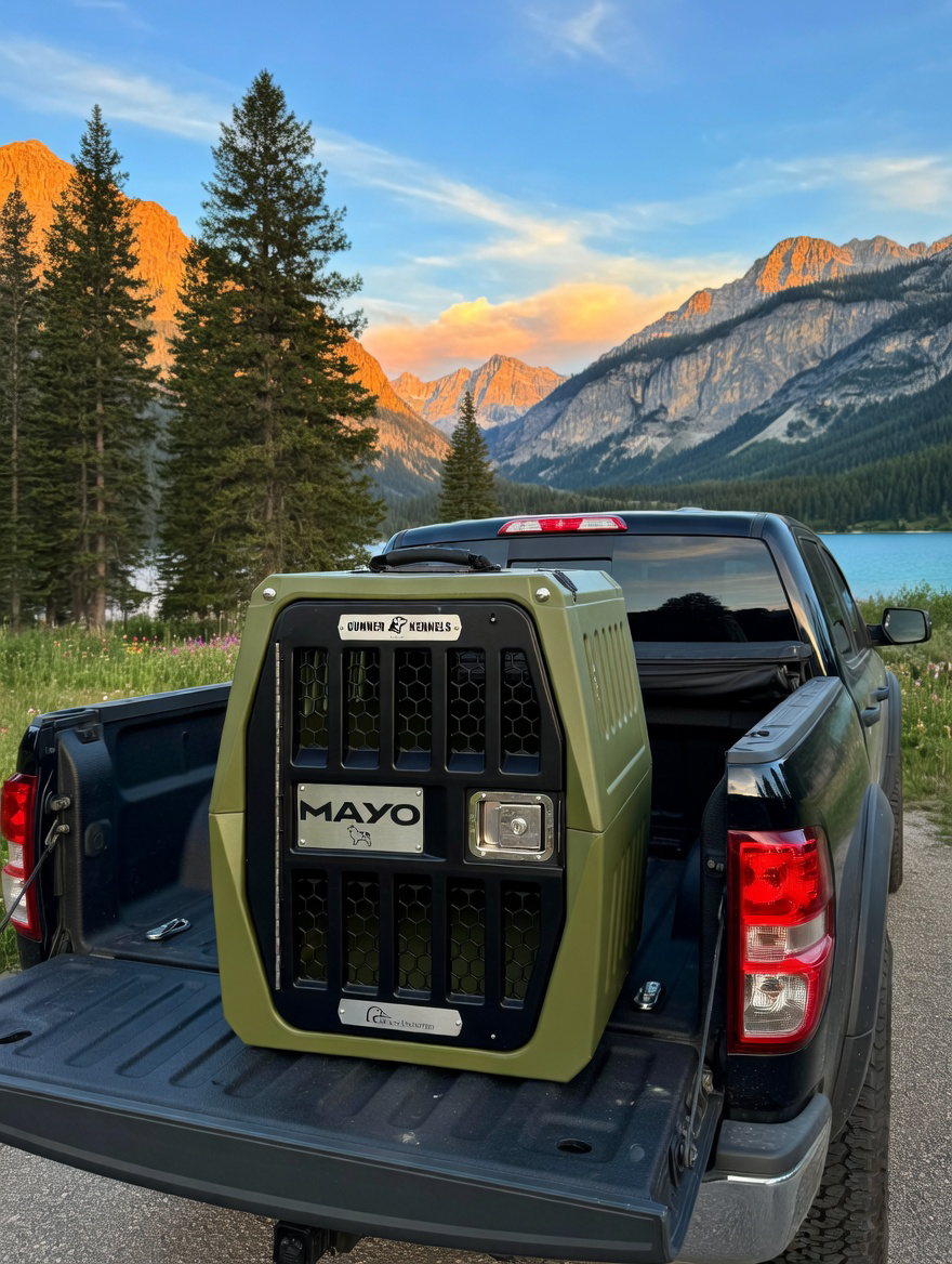 A black pickup truck parked on a scenic lakeside with mountains, pine trees, and a colorful sky in the background, carrying a green and black animal crate in its bed.