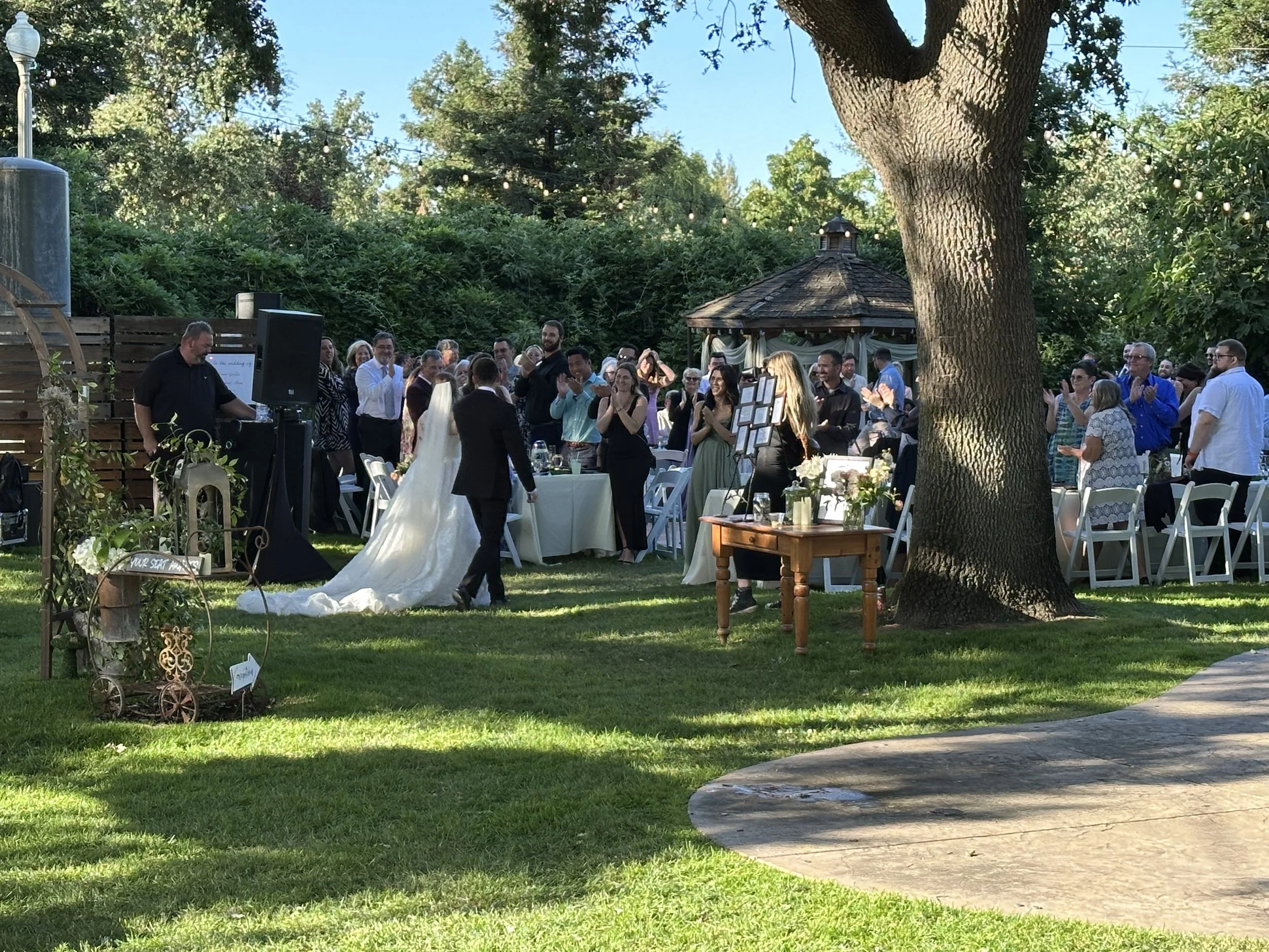 People attending a wedding ceremony outdoors under a large tree, with string lights hanging above, some standing and others seated at tables, with a wooden gazebo in the background.