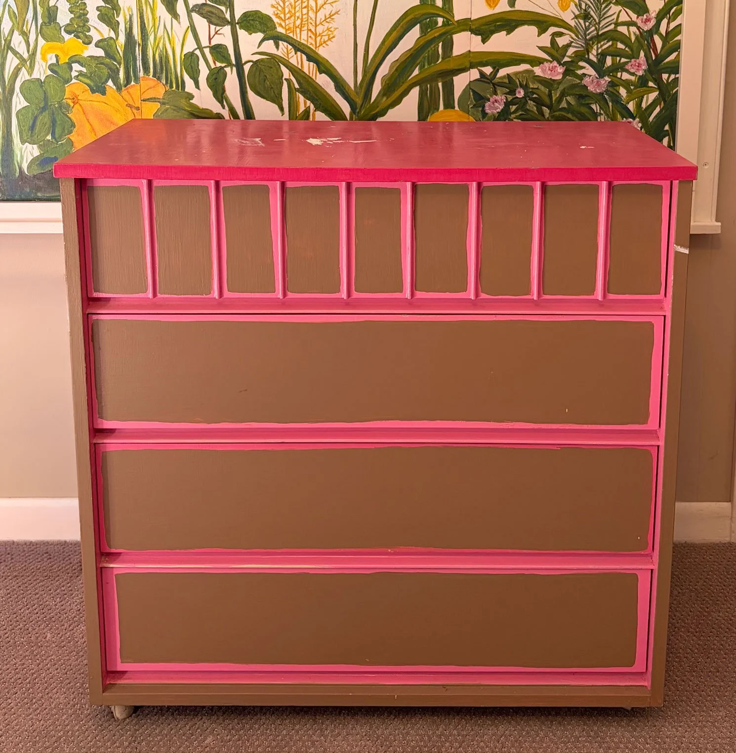 pink wooden dresser, needs new paint job, casters are wonky but otherwise, clean, works... 