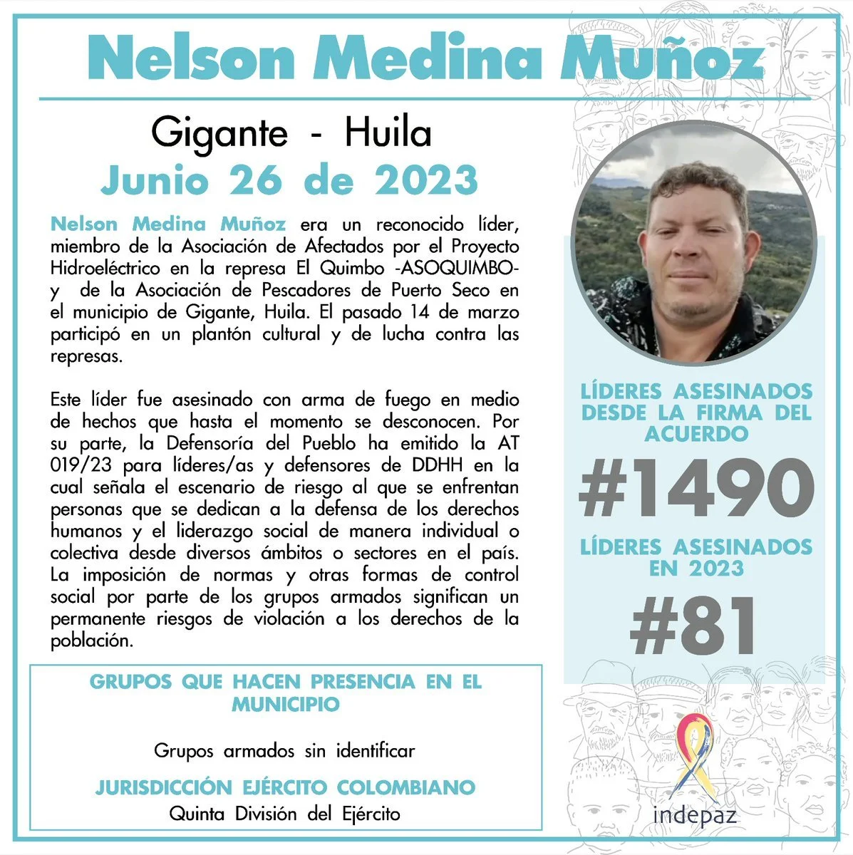 Social activist Nelson Medina Muñoz was killed in Gigante, Huila, where he was a member of the ASOQUIMBO association which represents communities impacted by a hydroelectric project at the El Quimbo dam. He had taken part in a protest against the dam